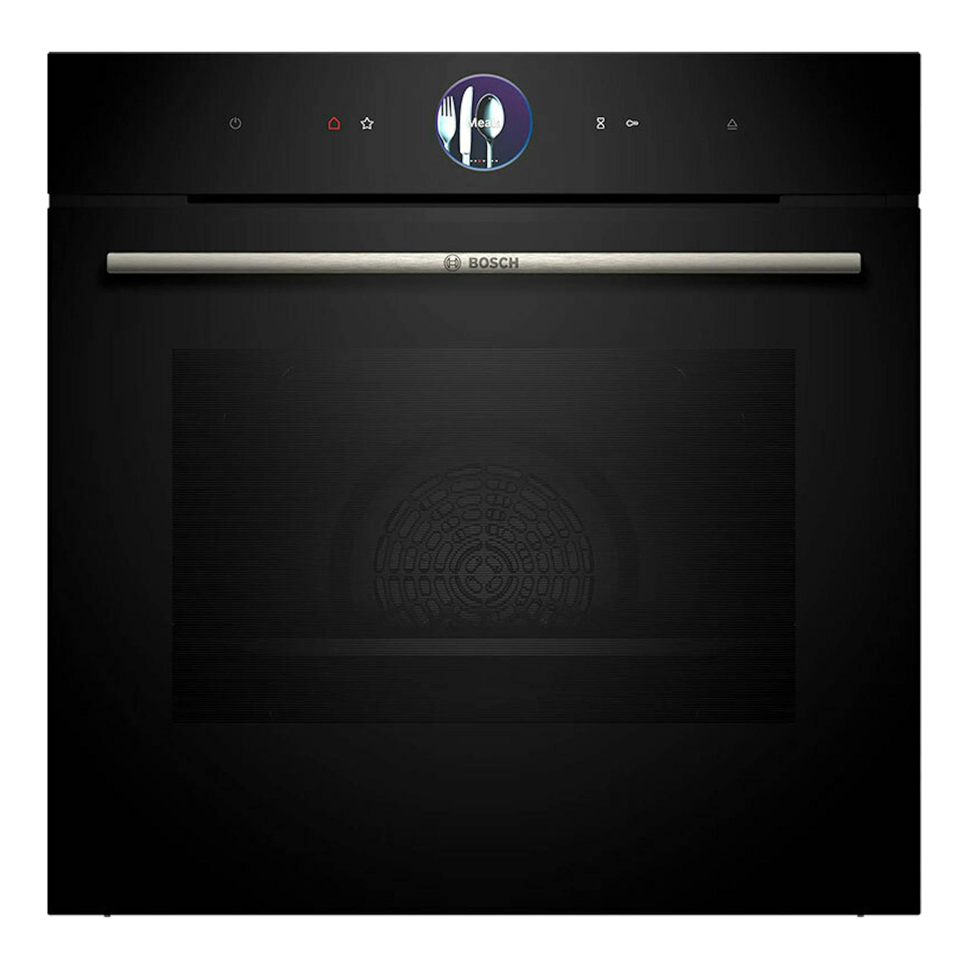 Horno Bosch HRG7761B1 negro, vista frontal, con puerta de vidrio y panel de control táctil superior.