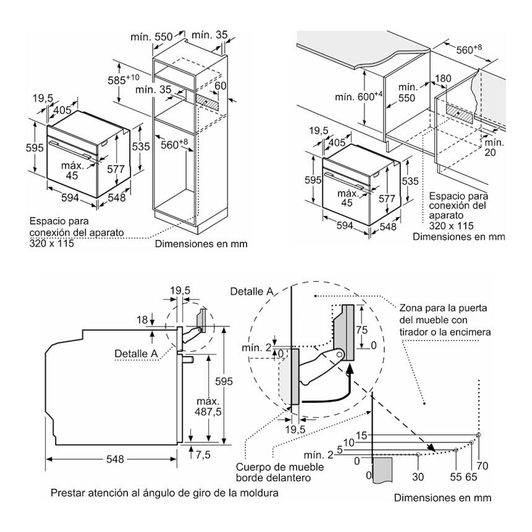 Bosch HRG7761B1 Negro: plano técnico de instalación de horno empotrable con medidas en mm.