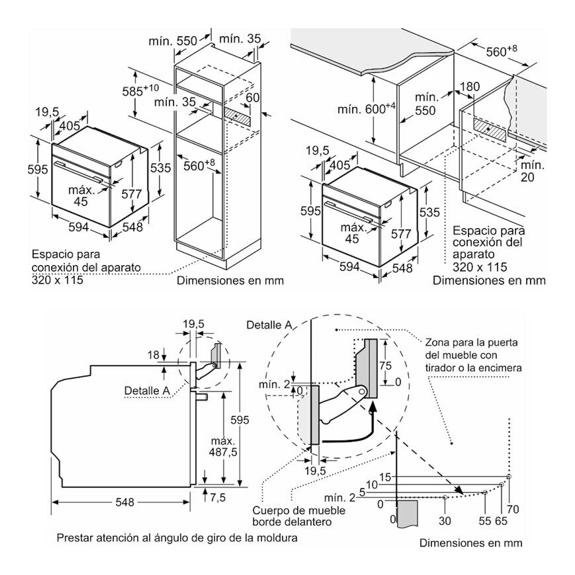 Bosch HSG7361B1 negro: esquema técnico de instalación de horno empotrable con medidas en mm.