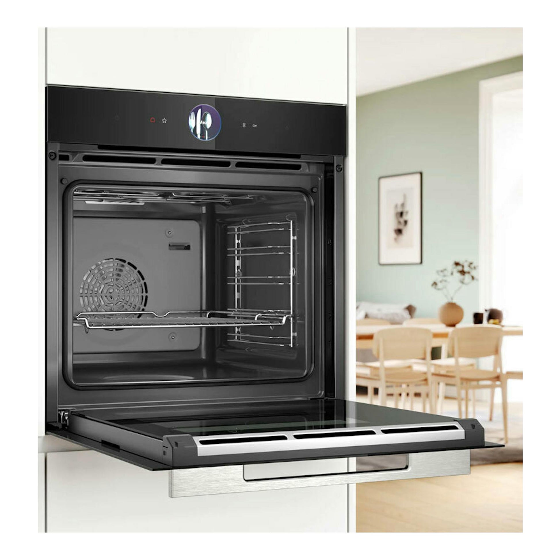 Horno Bosch HSG7361B1 negro, vista frontal, con la puerta abatible abierta y el interior visible.