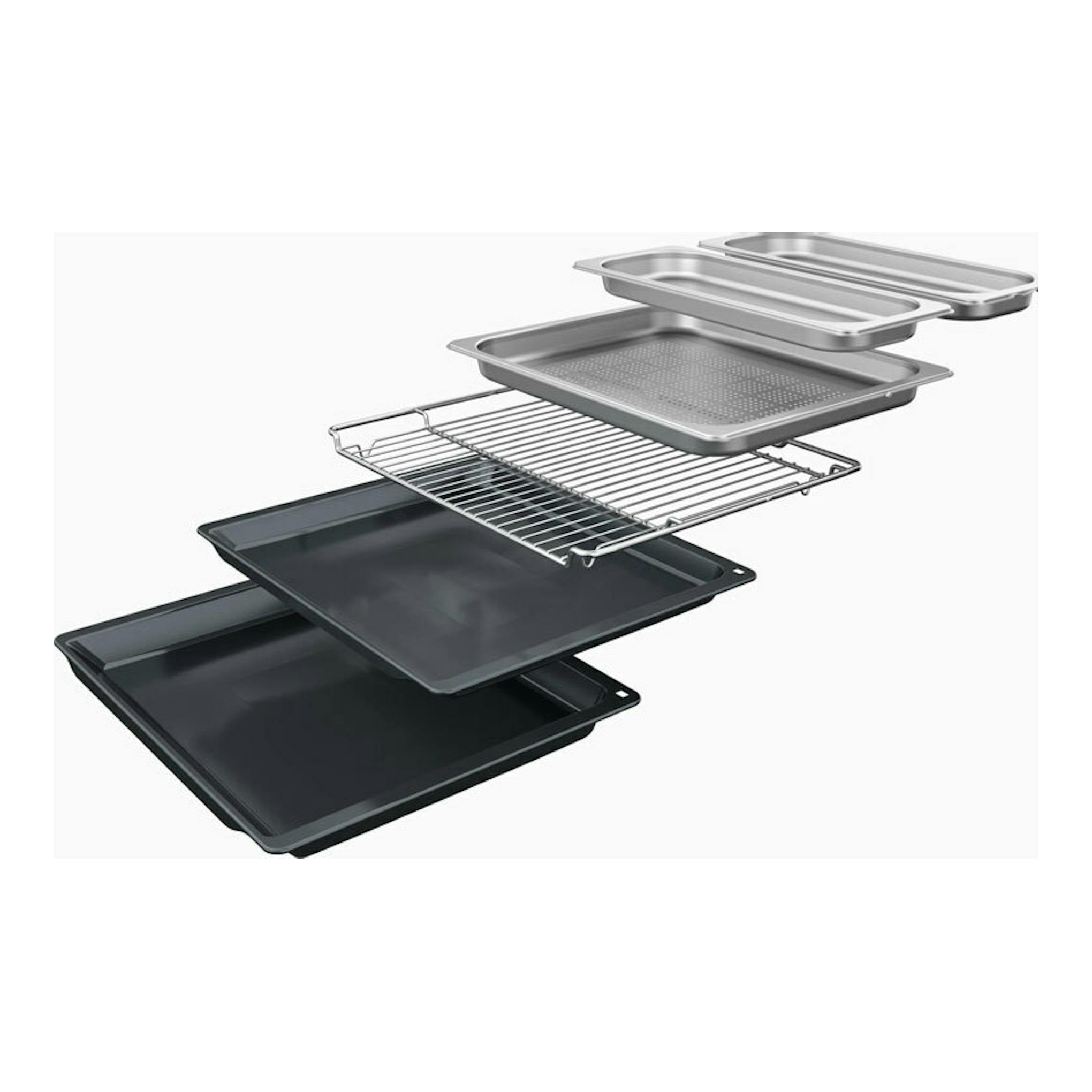 Bosch HSG7361B1 negro: vista explotada de bandejas, rejilla y recipientes metálicos del horno.