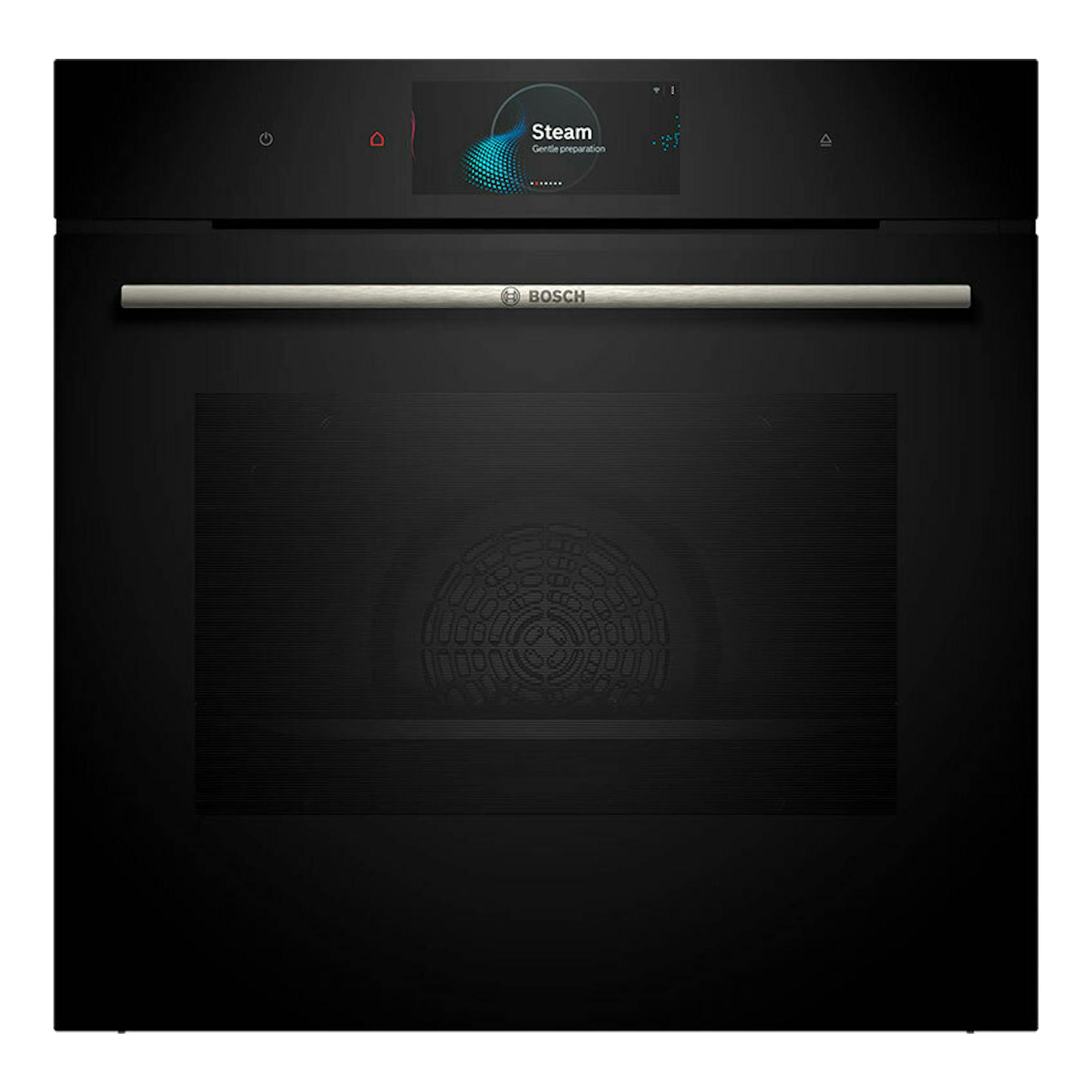 Horno Bosch HSG7584B1 negro, vista frontal, con panel digital y asa metálica.