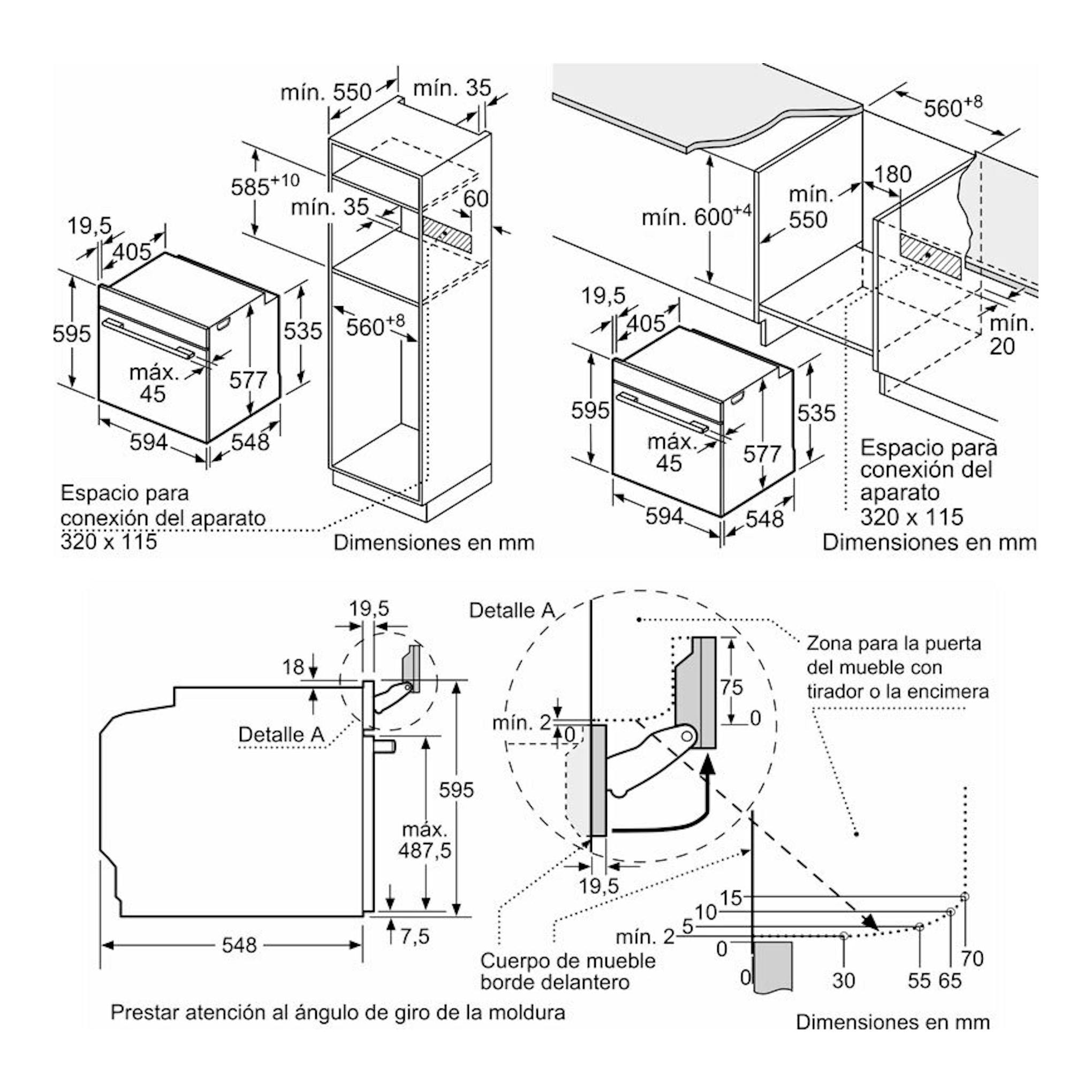 Bosch HSG7584B1: plano técnico con medidas de instalación de horno empotrable, vistas frontal y lateral.