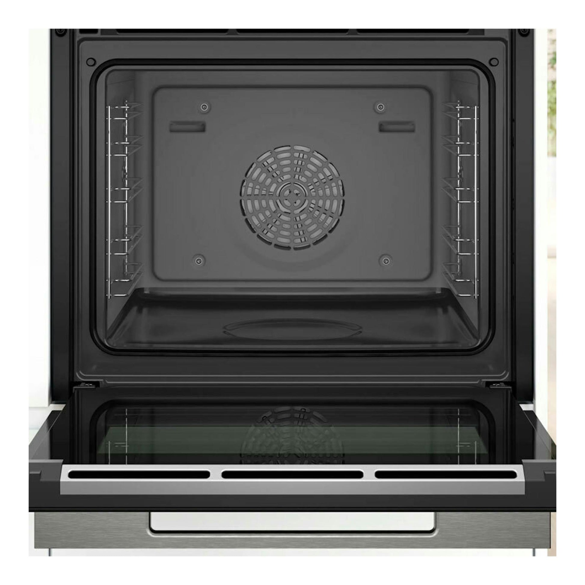 Horno Bosch HSG7584B1 negro, vista frontal abierto, con interior y puerta de cristal visibles.