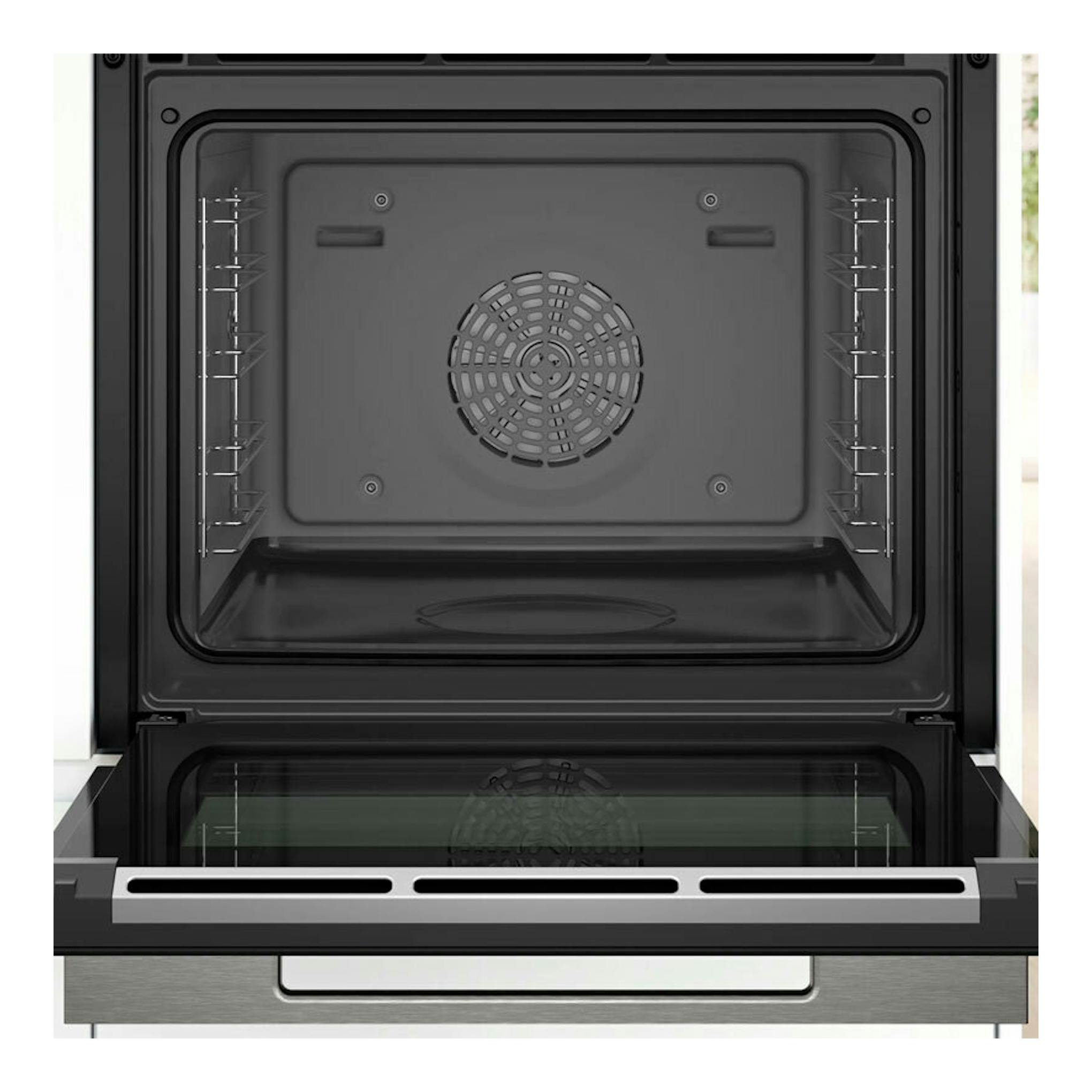 Horno Bosch HSG7584B1 negro, vista frontal abierto, con interior y puerta de cristal visibles.