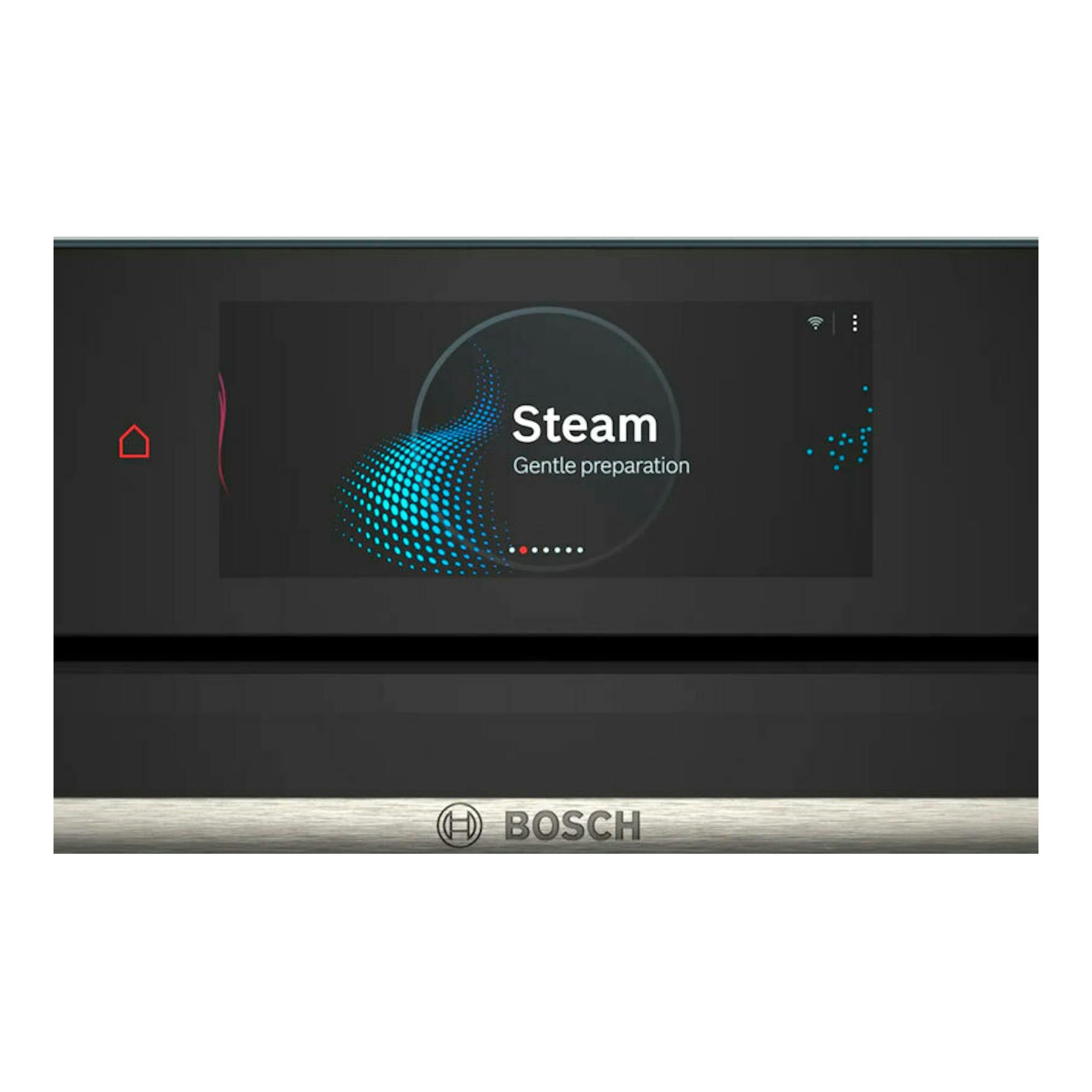 Bosch HSG7584B1, horno negro de empotrar en vista frontal, con pantalla táctil que muestra “Steam”.