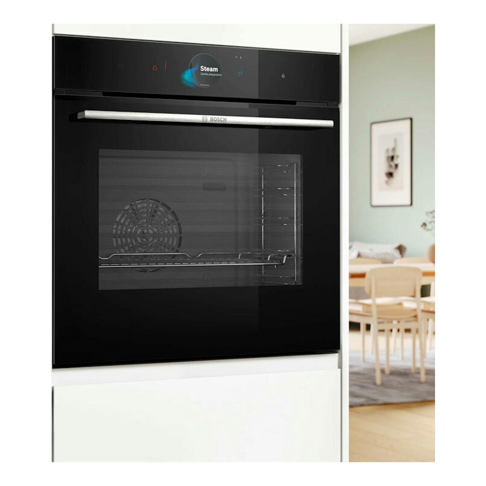 Horno empotrado Bosch HSG7584B1 negro, vista frontal, con puerta de cristal y panel táctil.