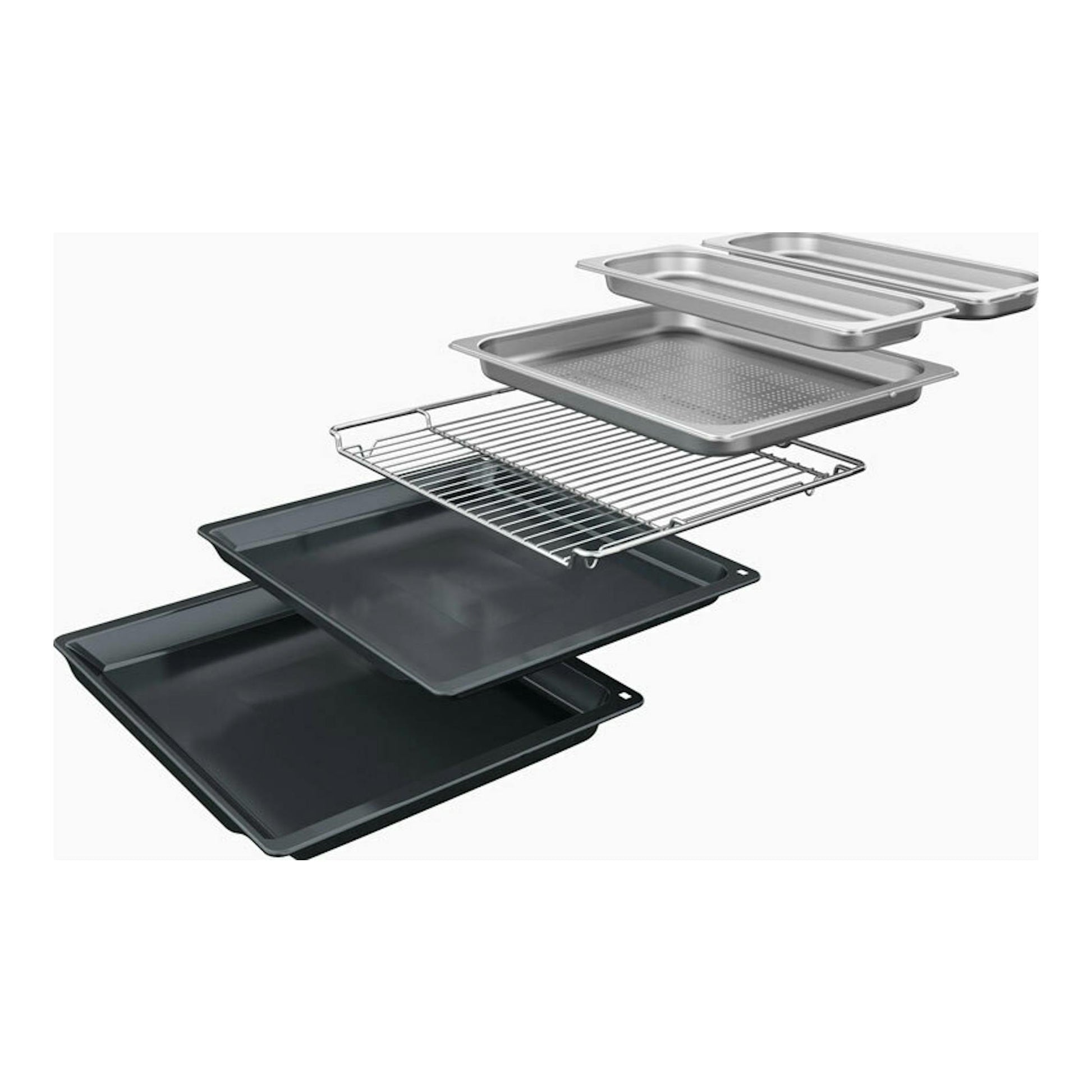 Bandejas y rejilla de horno Bosch HSG7584B1 en vista explotada, sobre fondo blanco.