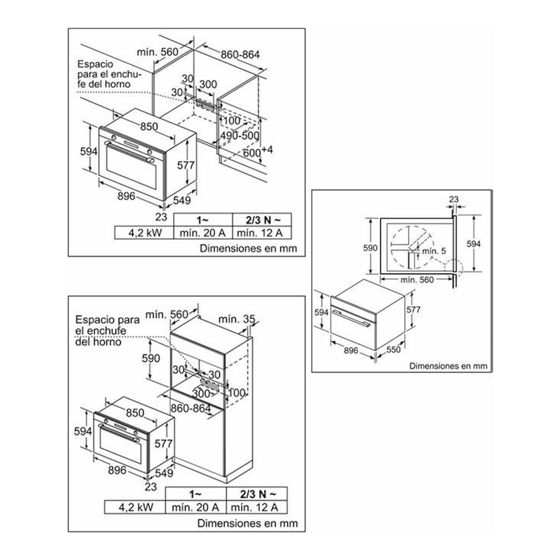 Bosch VBD5780S0 inox, esquema técnico con tres vistas de instalación de horno empotrable y medidas en mm.