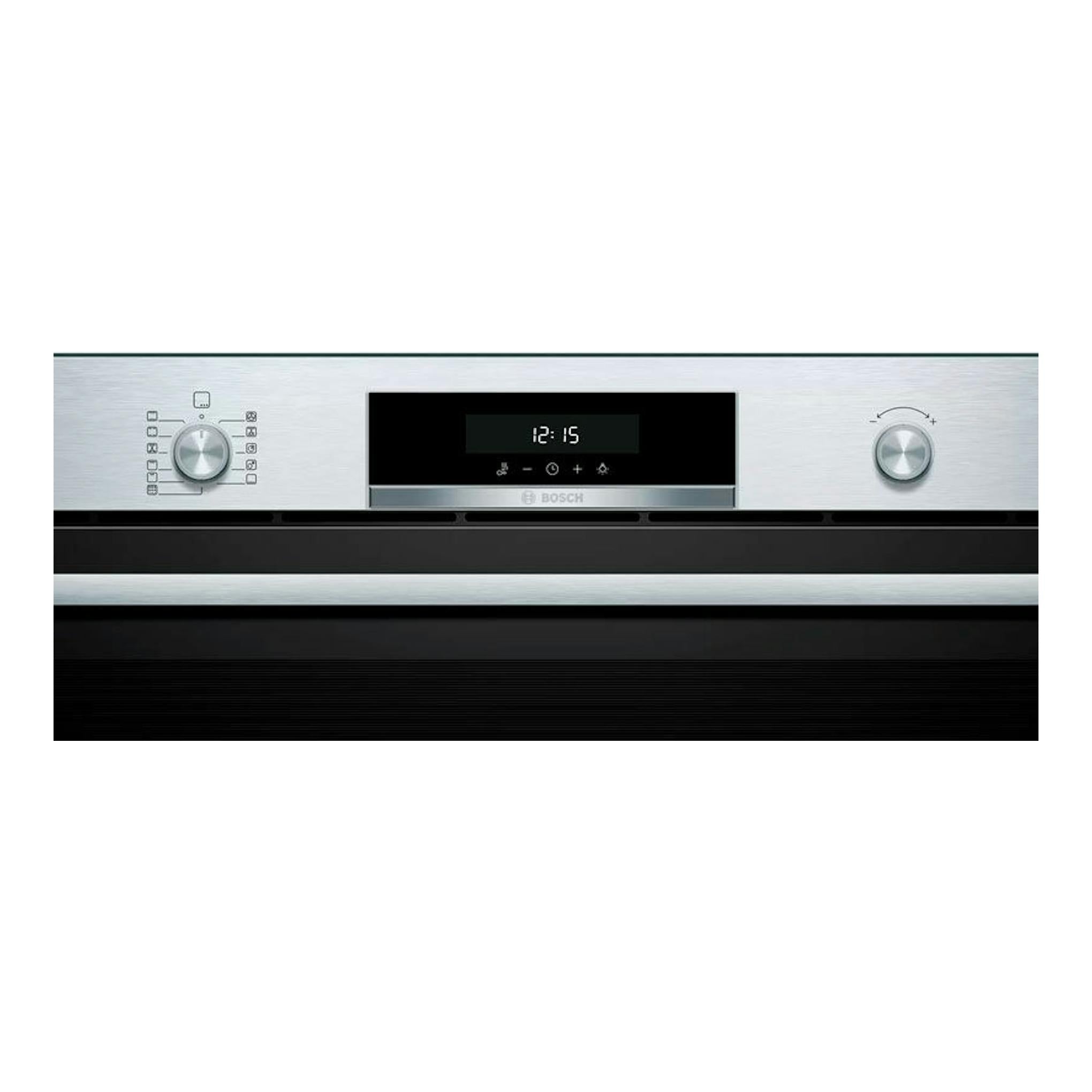 Horno Bosch VBD5780S0 inox, vista frontal, panel digital central y dos mandos giratorios.