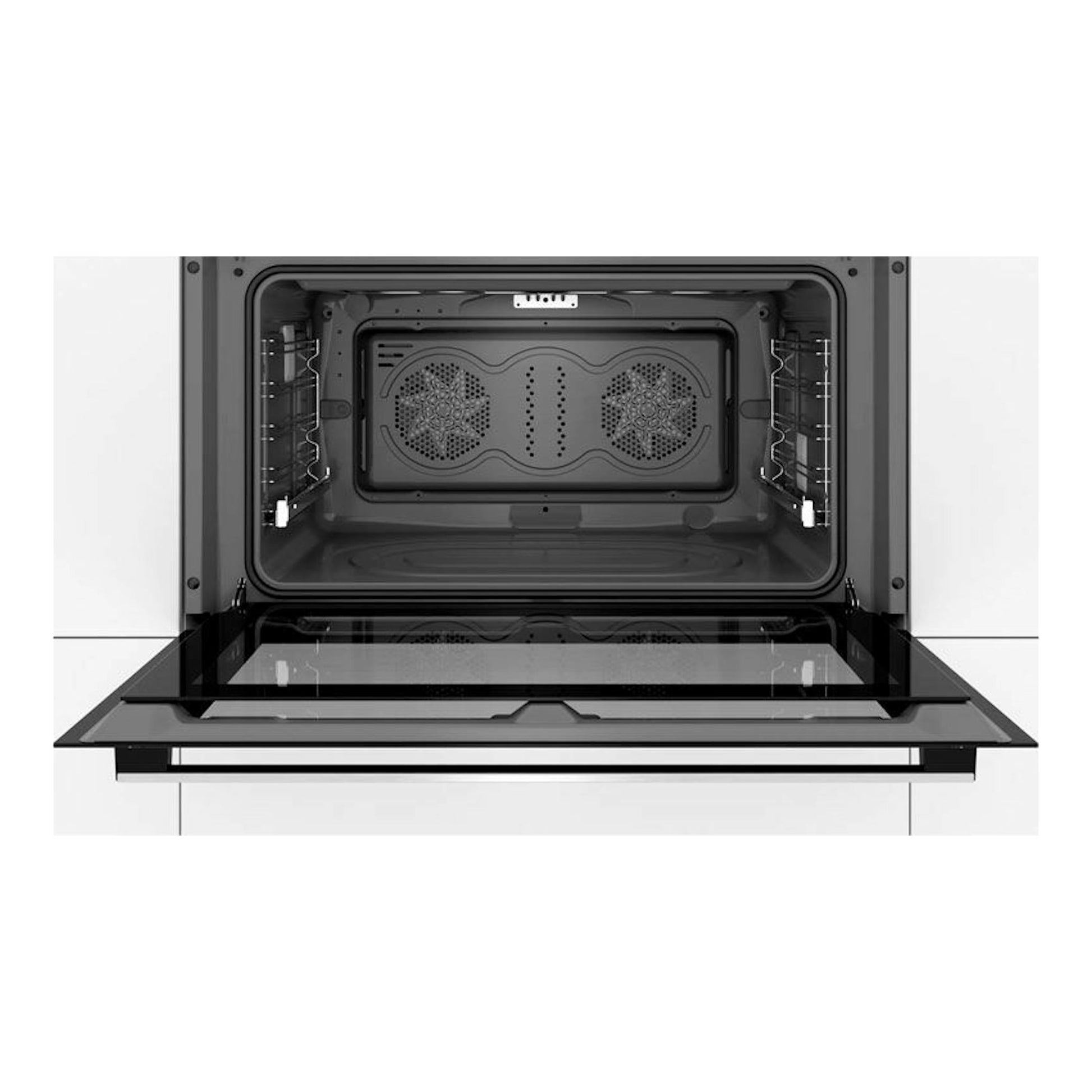 Horno Bosch VBD5780S0 inox, vista frontal con la puerta abatida y el interior negro visible.