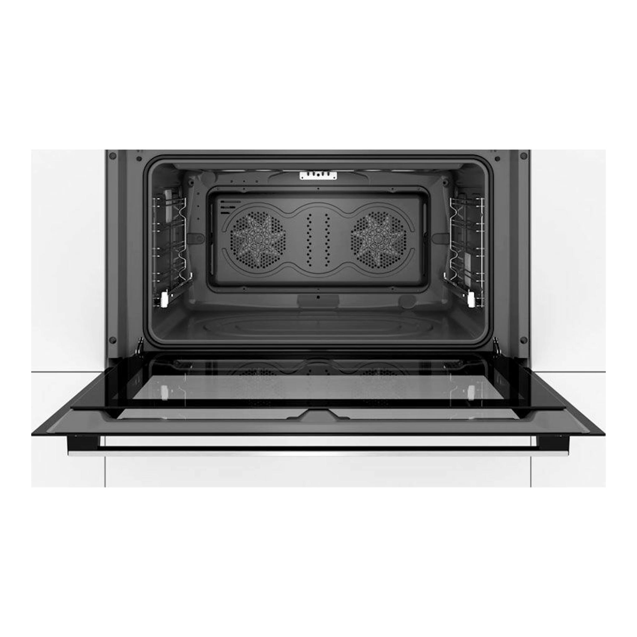 Horno Bosch VBD5780S0 inox, vista frontal con la puerta abatida y el interior negro visible.
