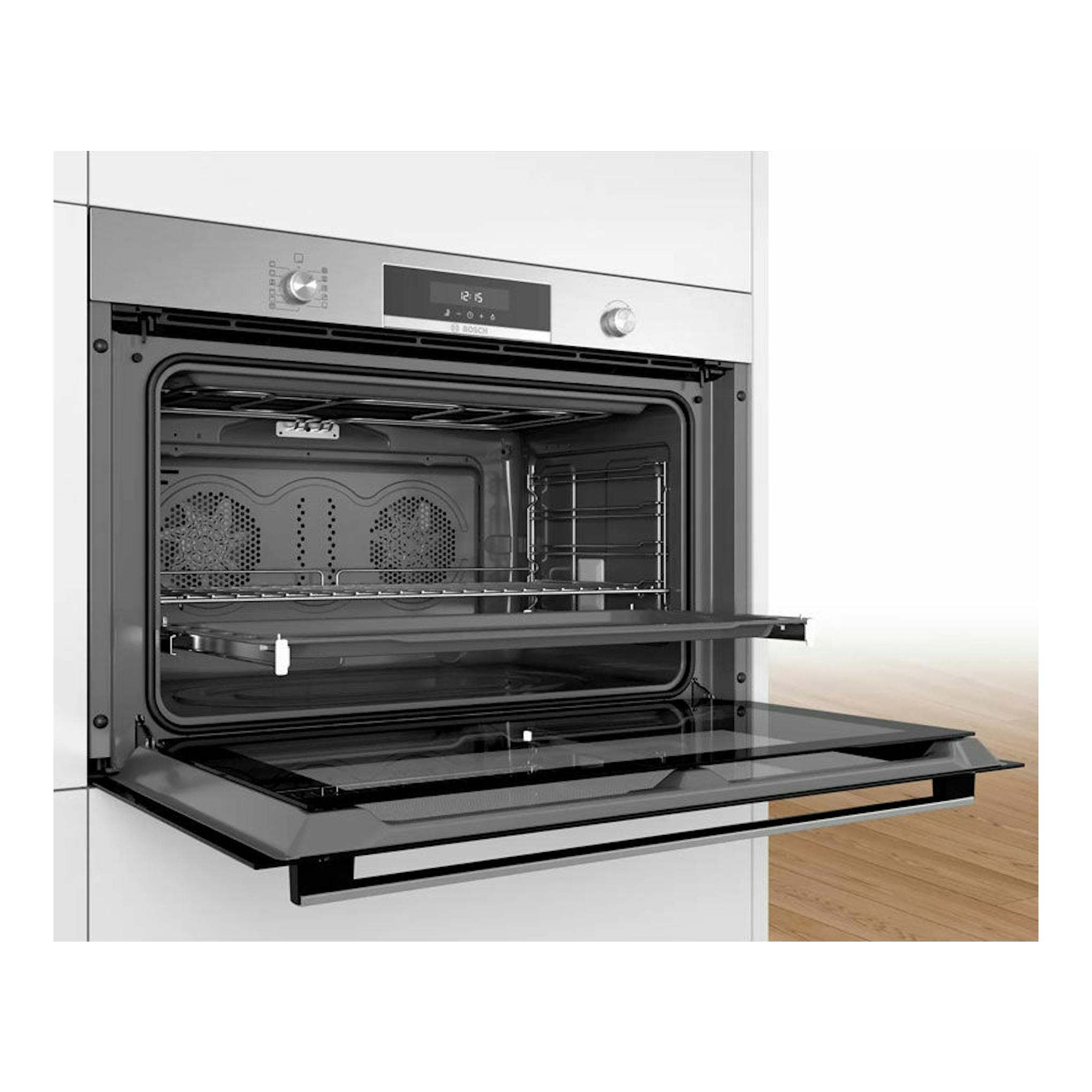 Horno Bosch VBD5780S0 inox, vista frontal con la puerta abatible abierta y el interior visible.