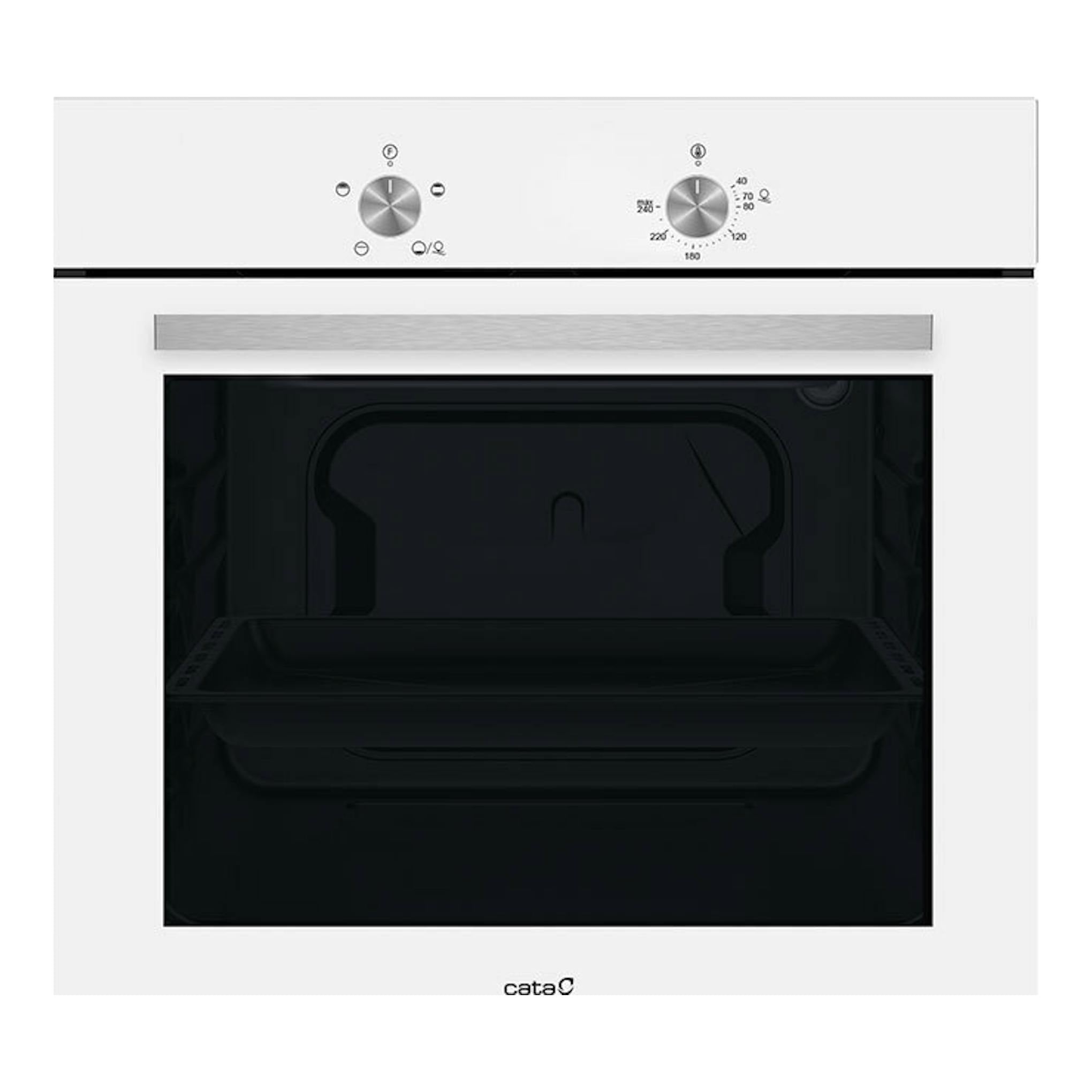 Horno Cata SES6004WH blanco, vista frontal, puerta de cristal negro y dos mandos metálicos.