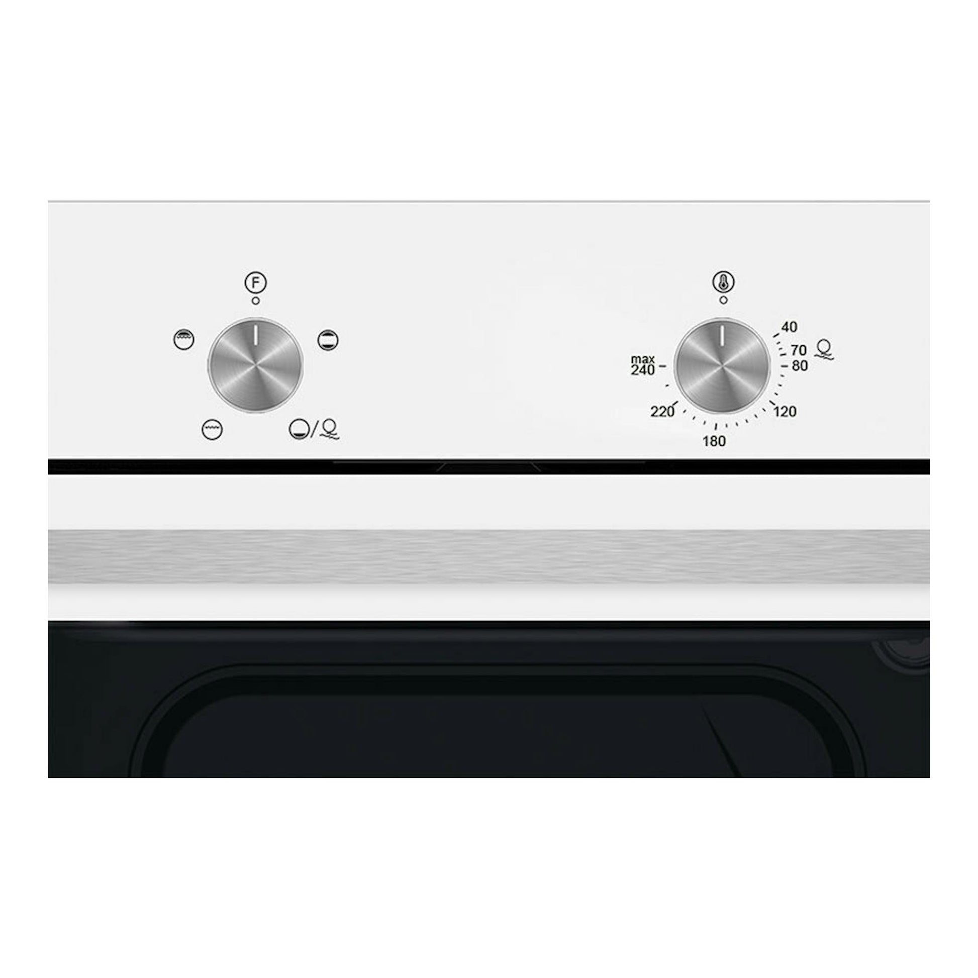 Horno Cata SES6004WH blanco, frontal con dos mandos plateados y puerta de cristal negro.