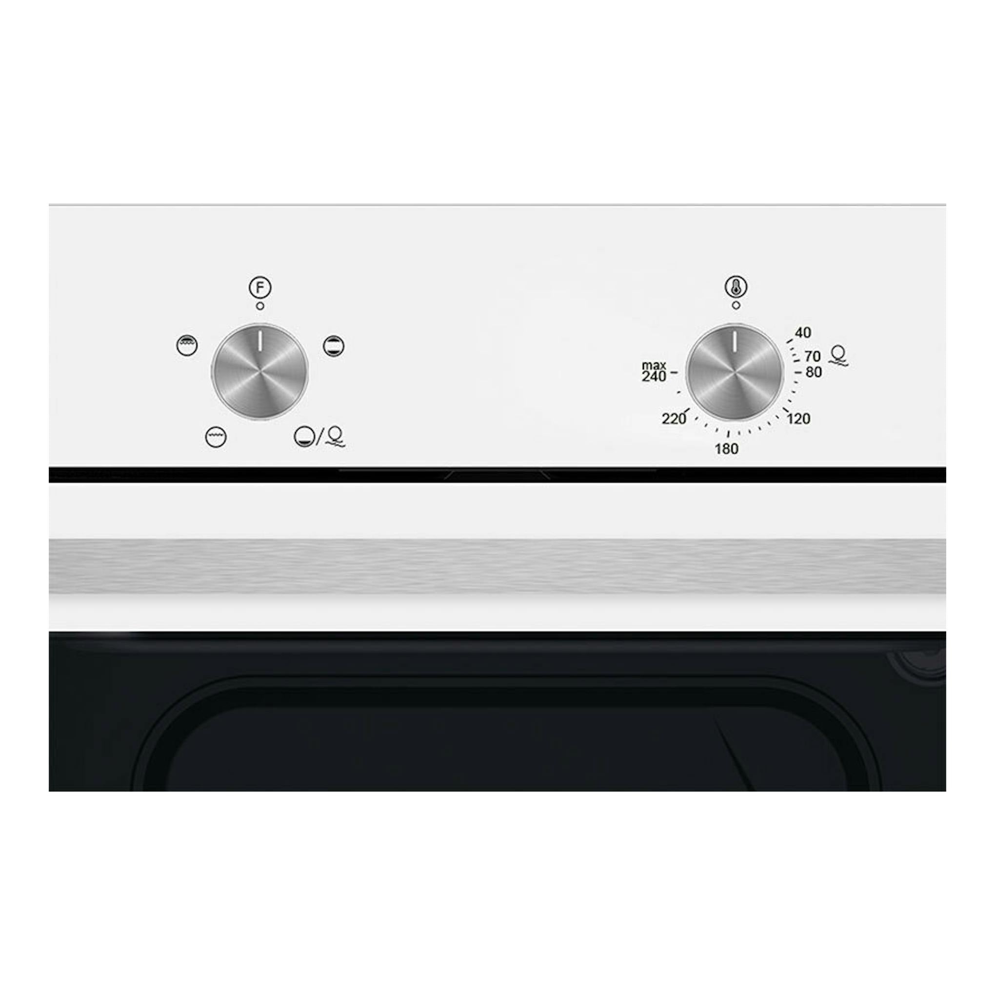 Horno Cata SES6004WH blanco, frontal con dos mandos plateados y puerta de cristal negro.