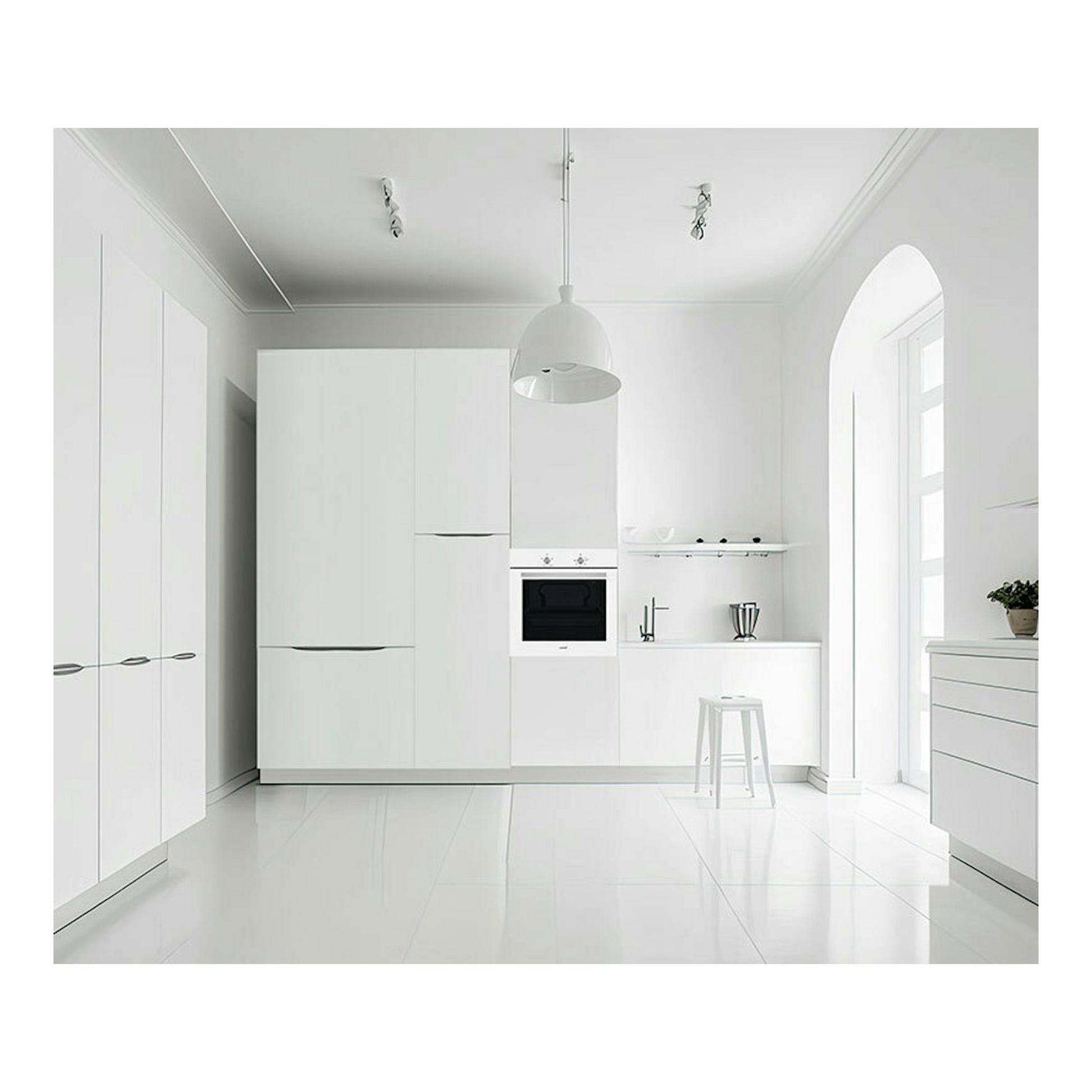 Horno empotrado Cata SES6004WH de cristal blanco, vista frontal en una cocina blanca moderna.