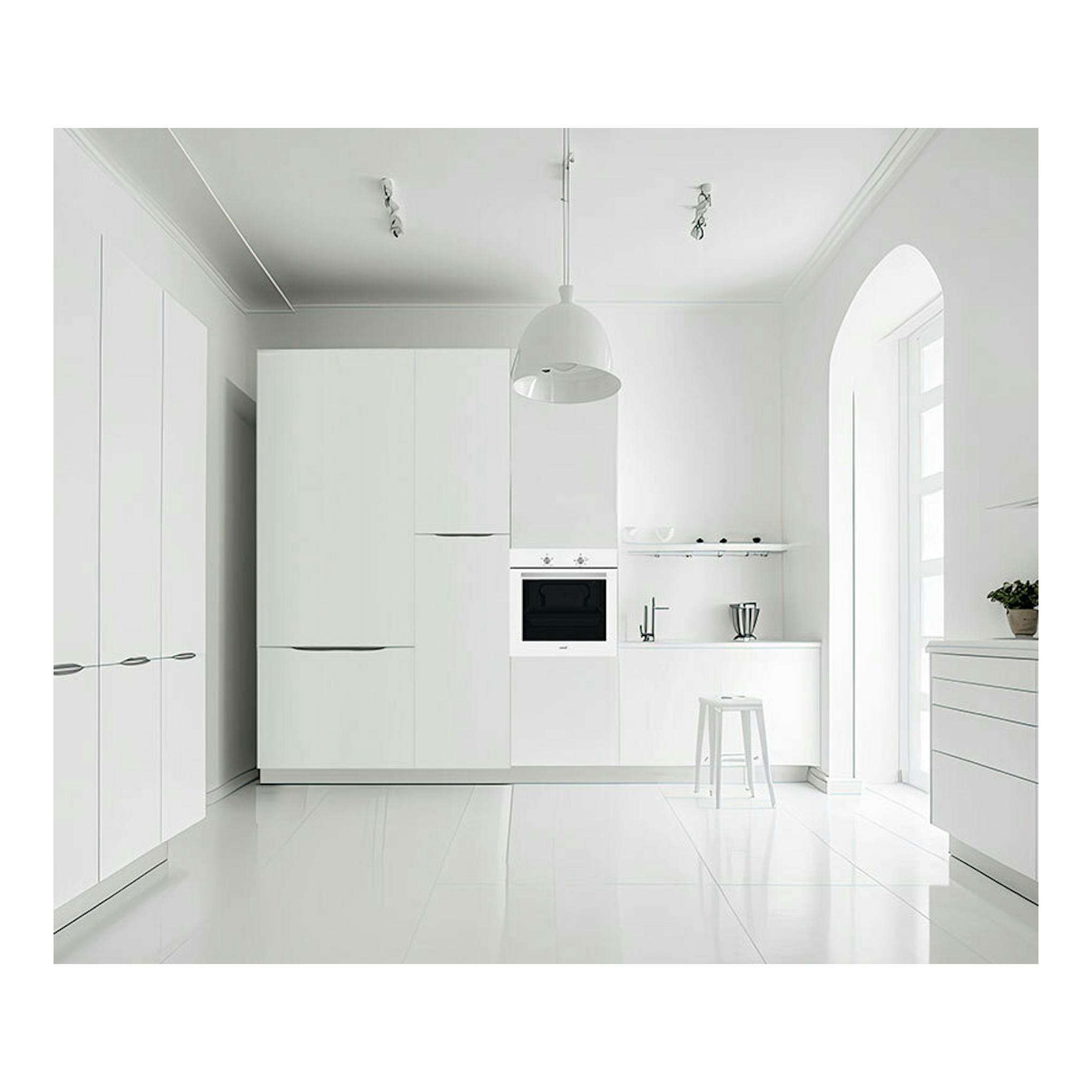 Horno empotrado Cata SES6004WH de cristal blanco, vista frontal en una cocina blanca moderna.