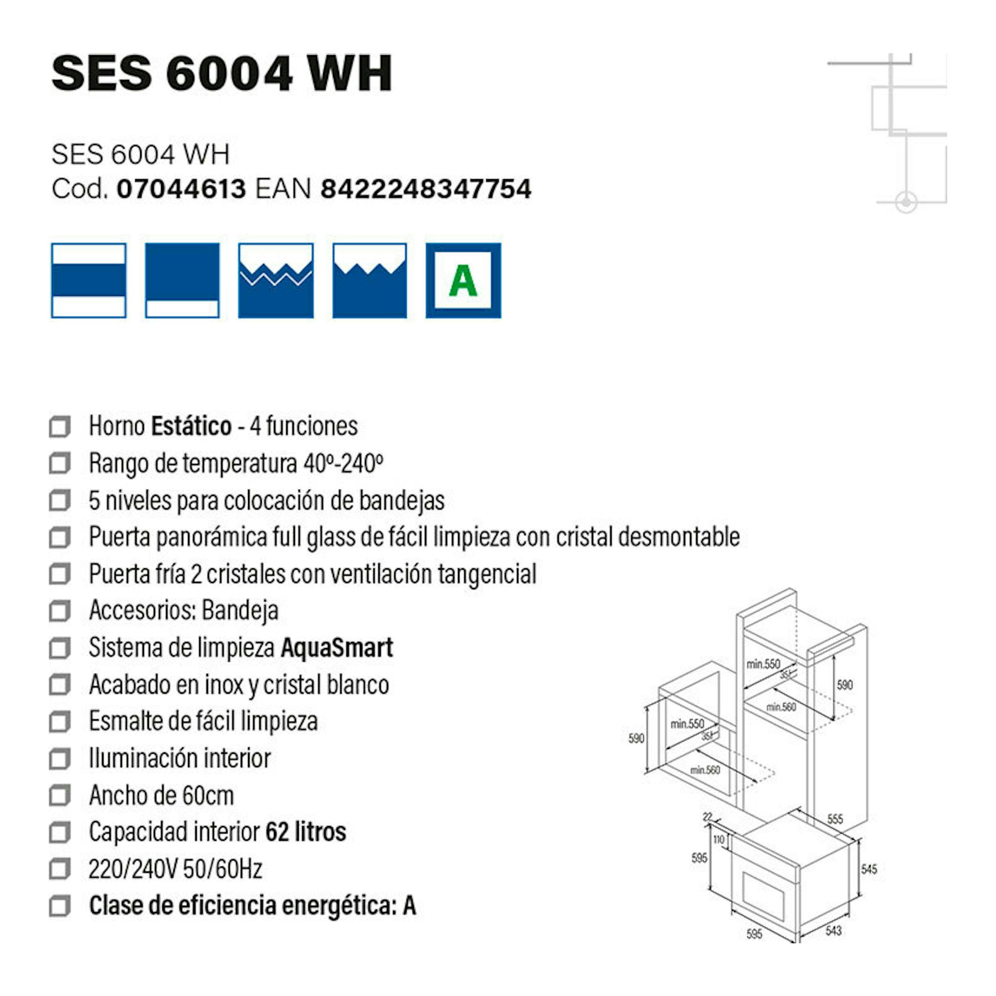 Ficha frontal del horno Cata SES 6004 WH en blanco, con iconos, características y esquema de medidas.