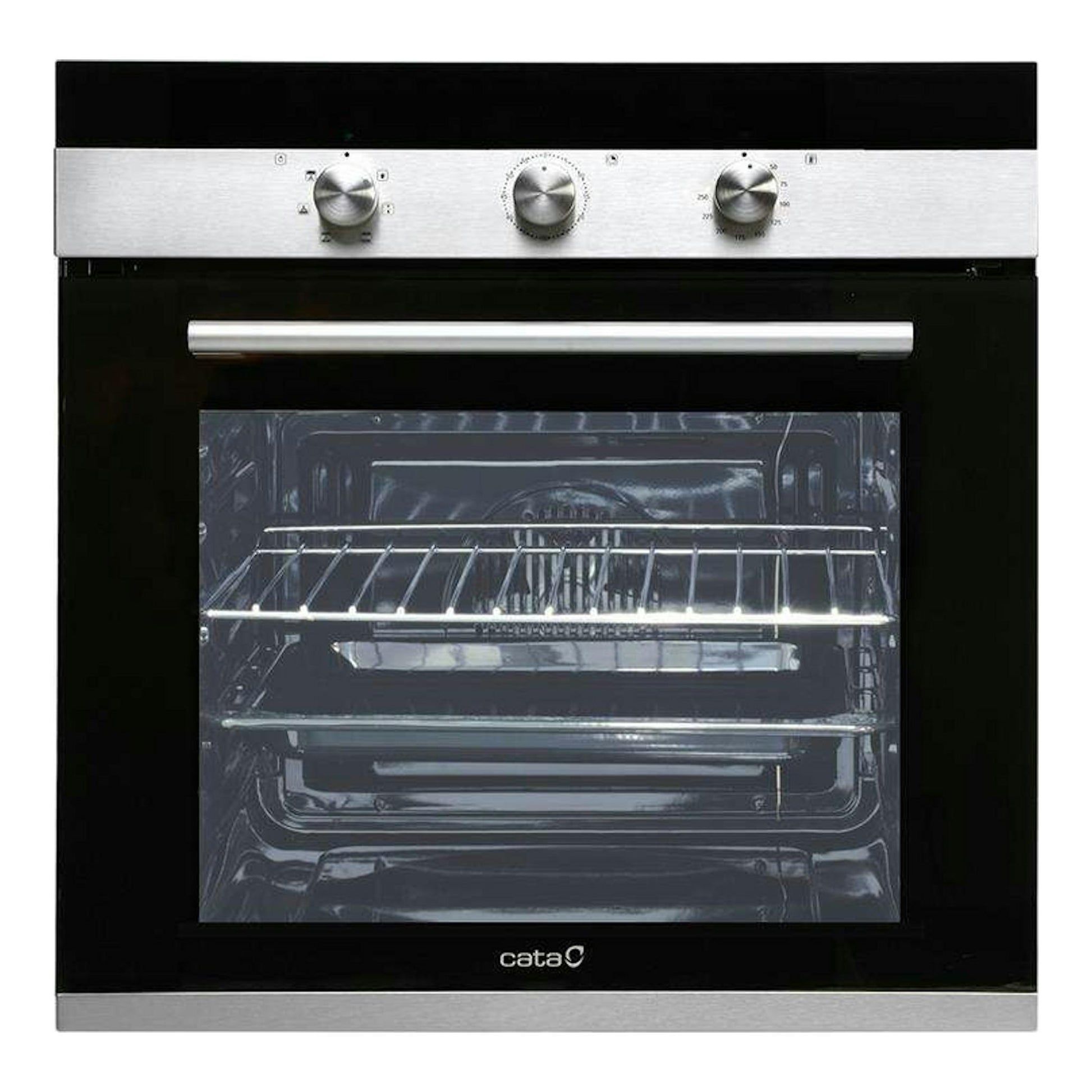 Horno Cata CM 760 AS BK negro, vista frontal, con panel de acero inoxidable y tres mandos.