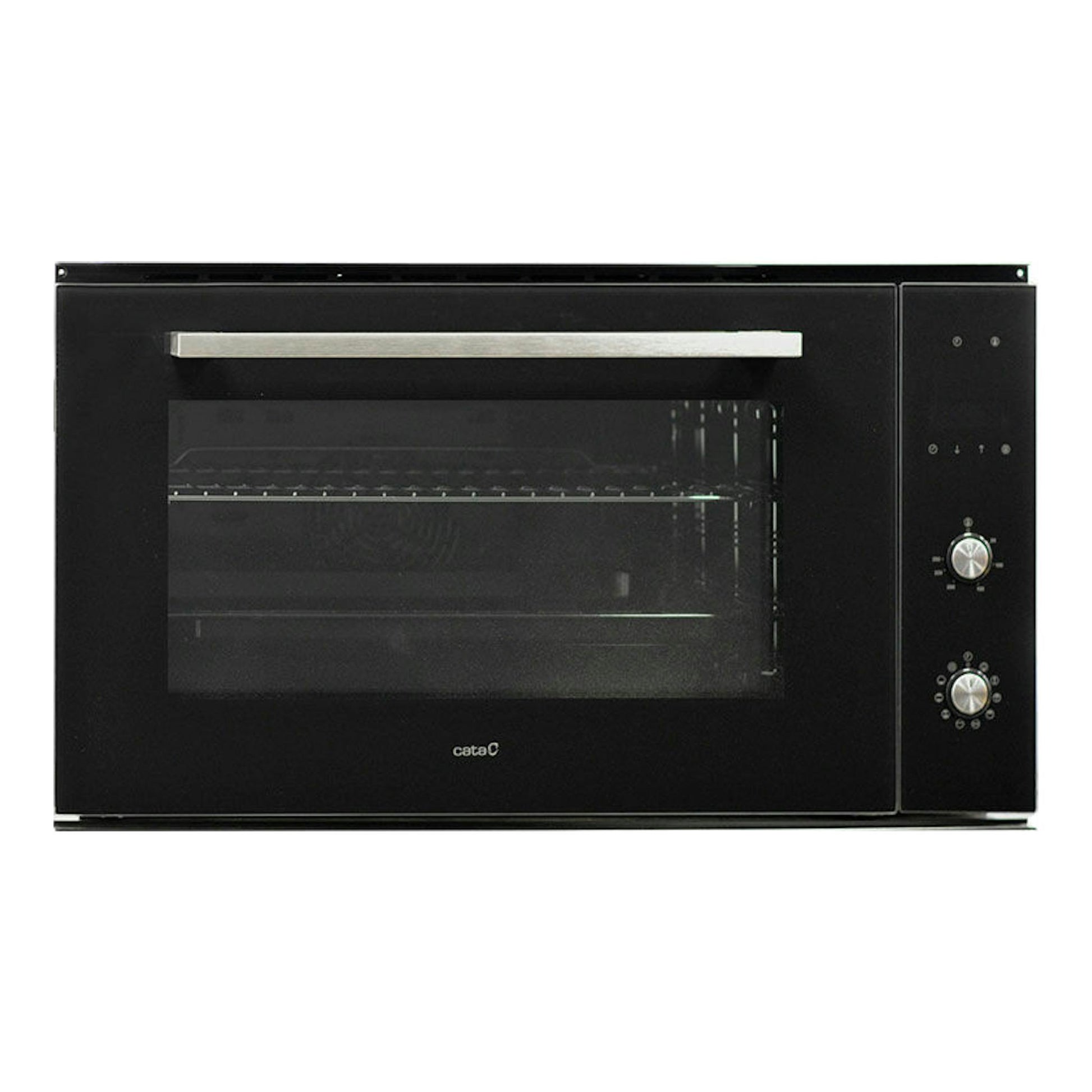 Horno empotrable Cata CMD 9208 BK negro, vista frontal, con puerta de vidrio y mandos laterales.