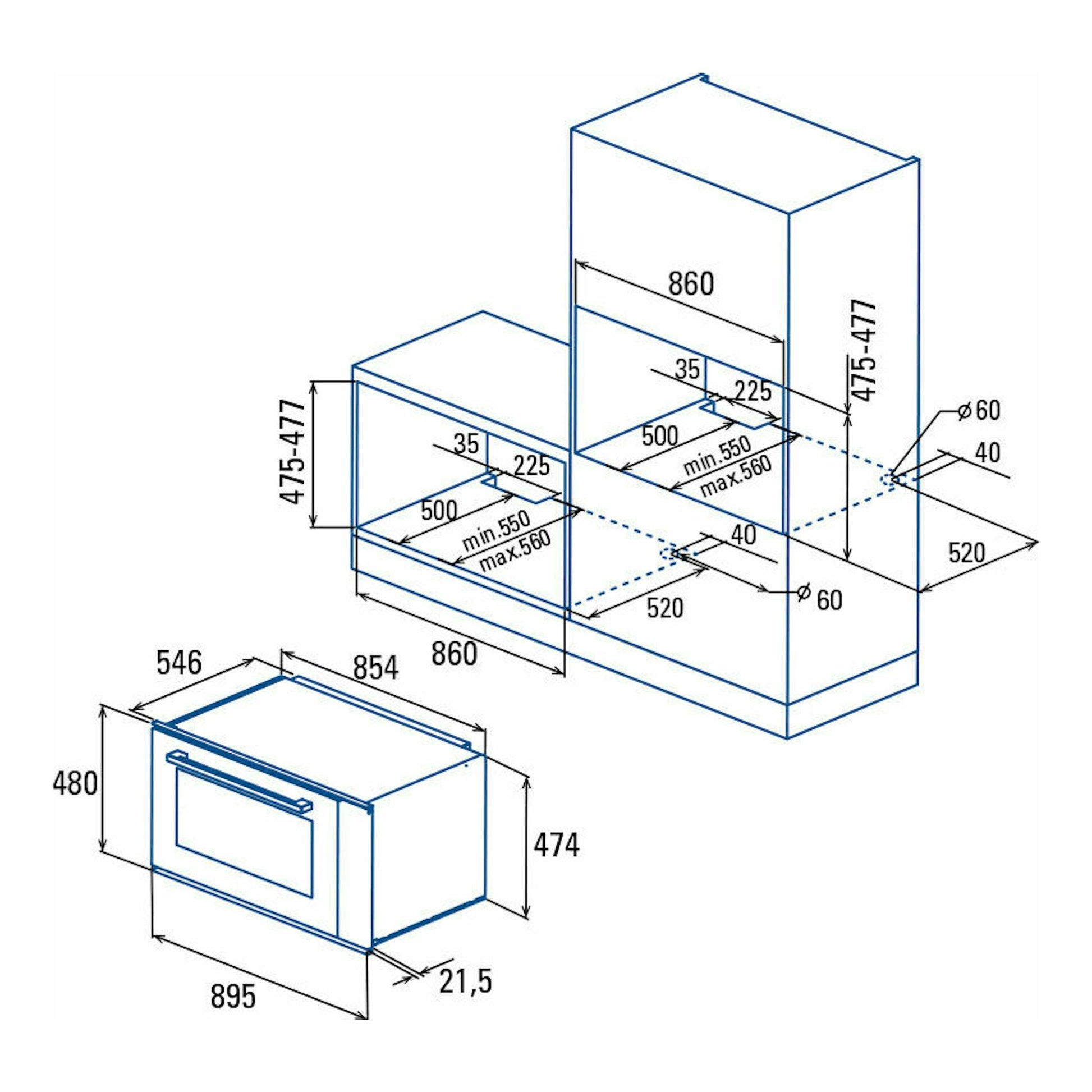 Diagrama técnico del horno Cata CMD 9208 BK negro, vista isométrica con medidas de instalación.