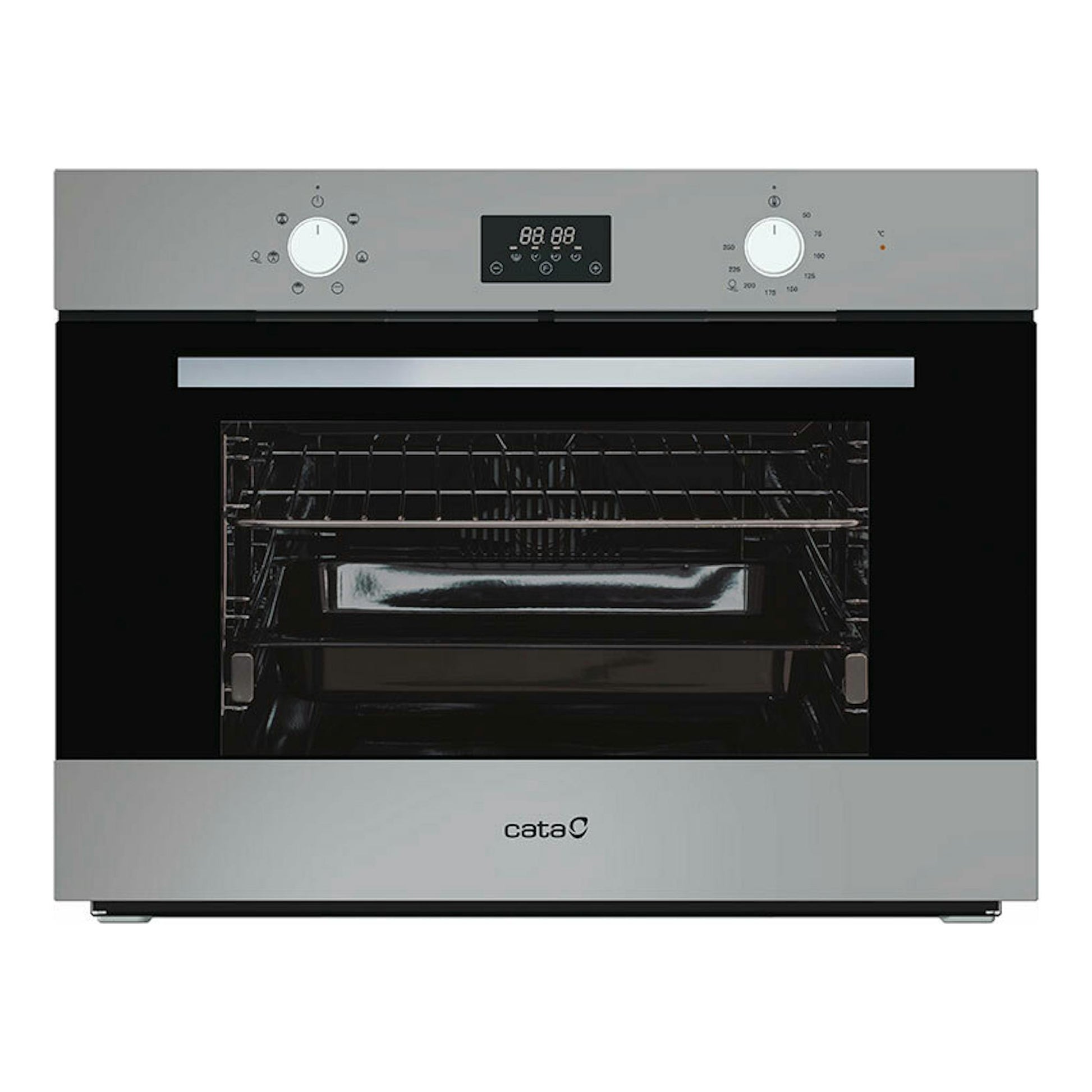 Horno Cata CMD5007X inox, vista frontal, con puerta de cristal negro, panel digital y dos mandos plateados.