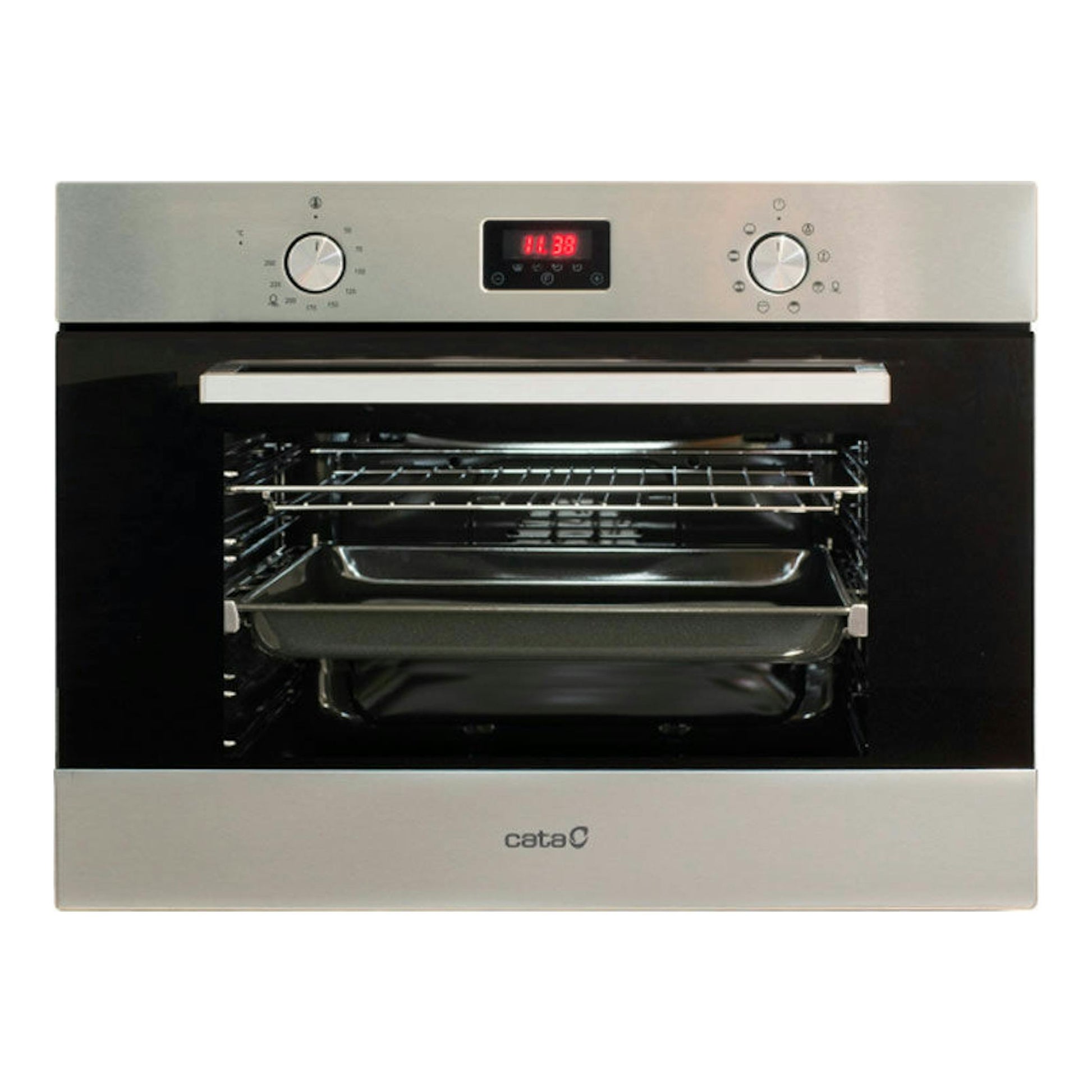 Horno Cata CMD5008 X inox, vista frontal, acero inoxidable y puerta de vidrio negro con pantalla digital.