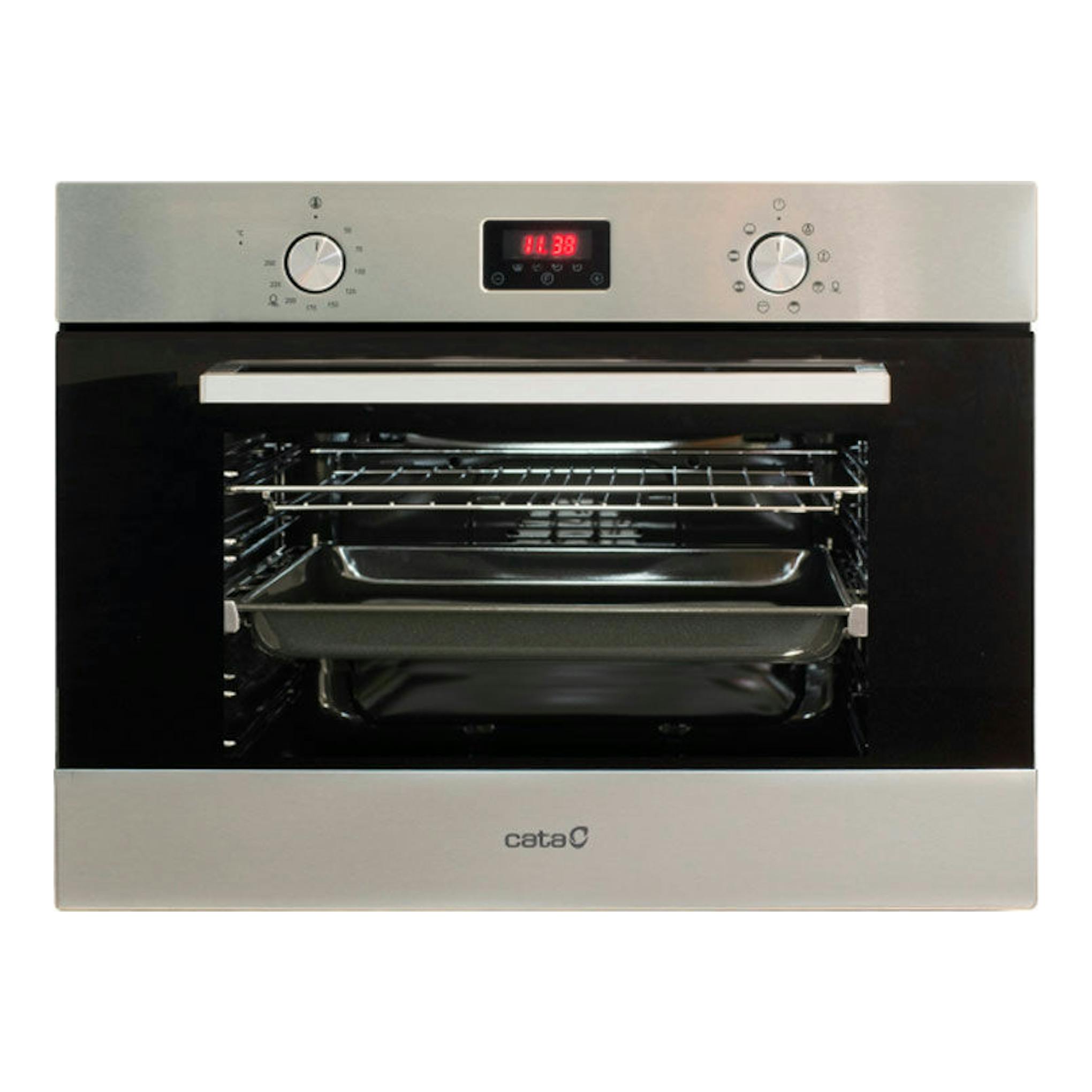 Horno Cata CMD5008 X inox, vista frontal, acero inoxidable y puerta de vidrio negro con pantalla digital.