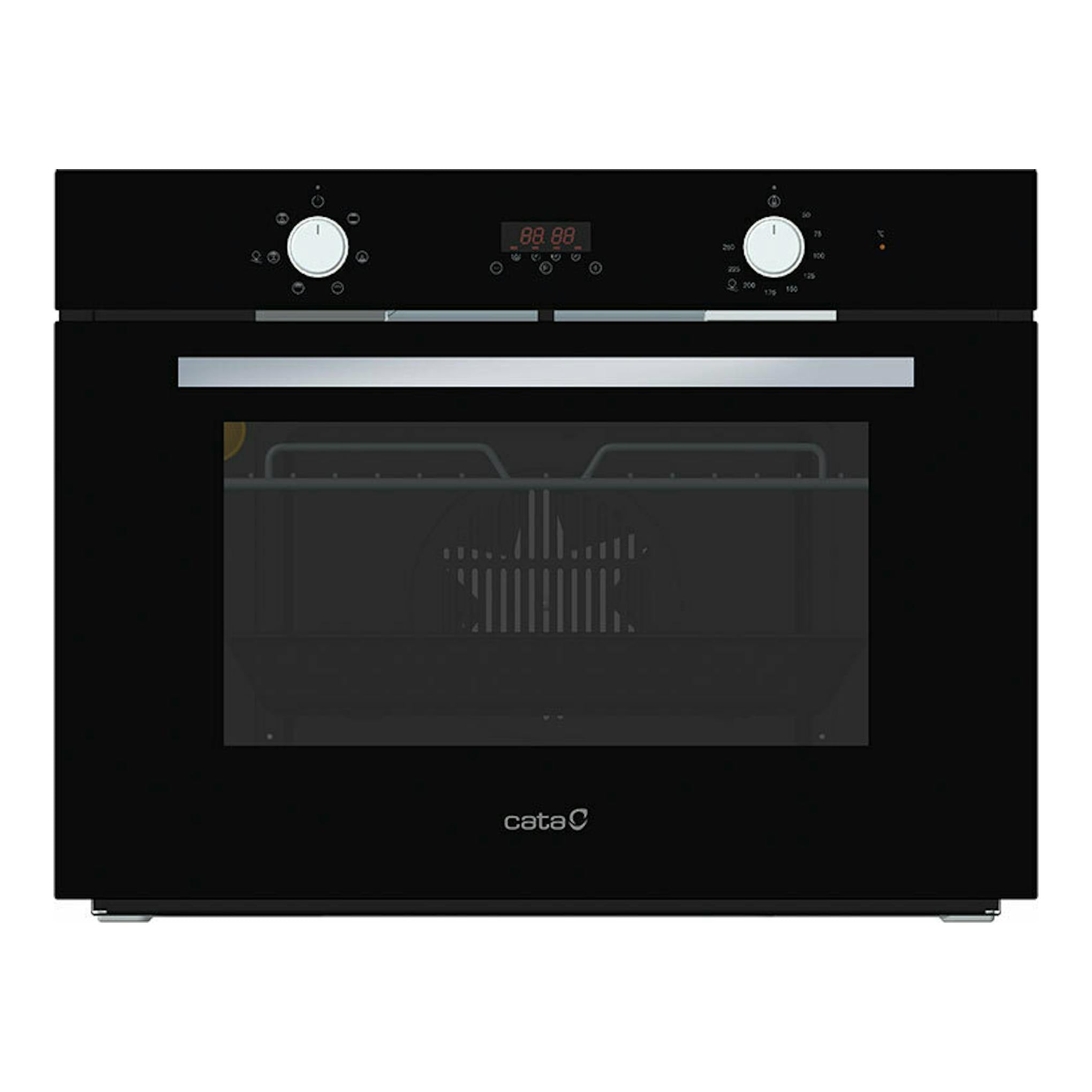 Horno empotrable Cata MD5007BK de cristal negro, vista frontal, con dos mandos y display digital.