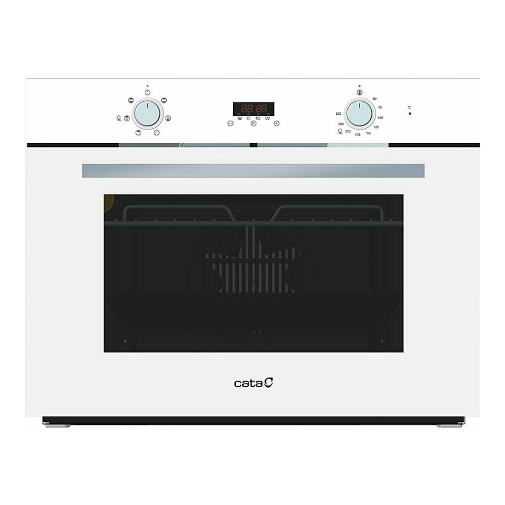 Horno Cata MD5007WH de cristal blanco, vista frontal, con puerta negra de vidrio, mandos y display digital.