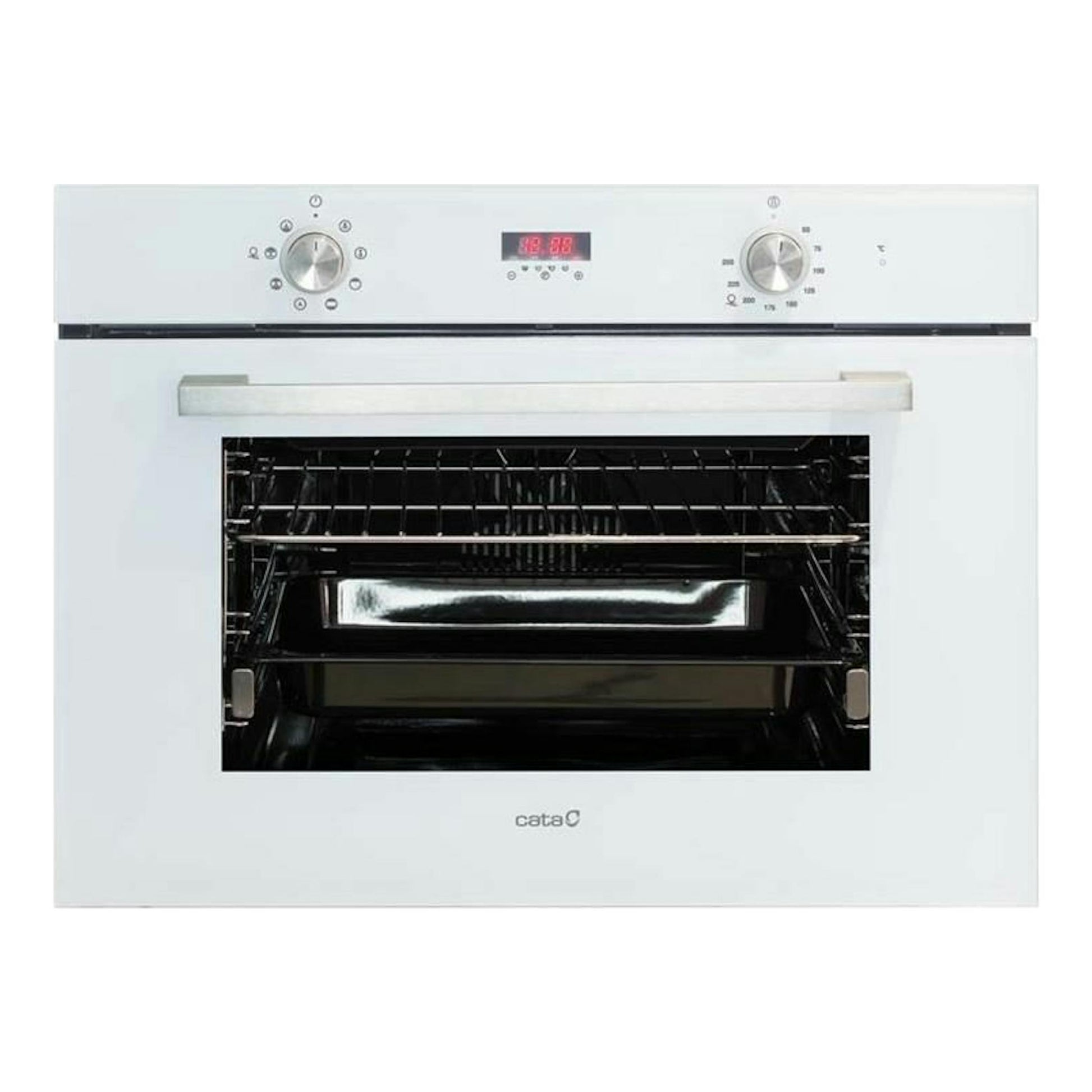 Horno empotrable Cata MD5008, vista frontal, blanco, con puerta abierta y panel superior con mandos.