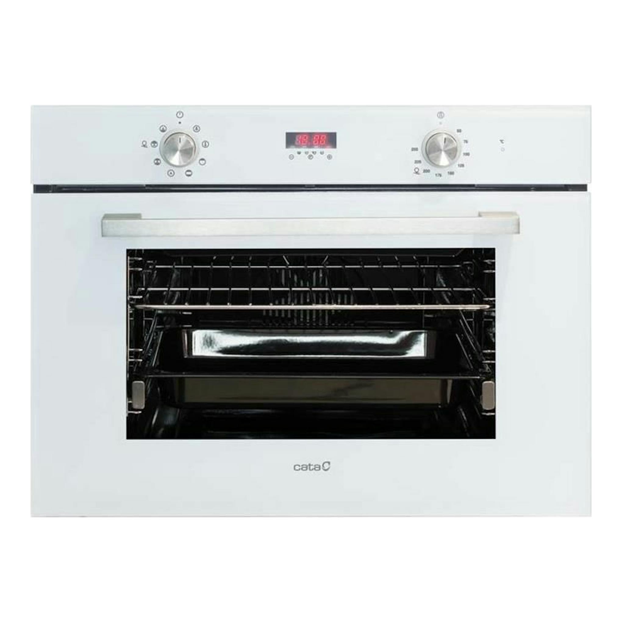 Horno empotrable Cata MD5008, vista frontal, blanco, con puerta abierta y panel superior con mandos.