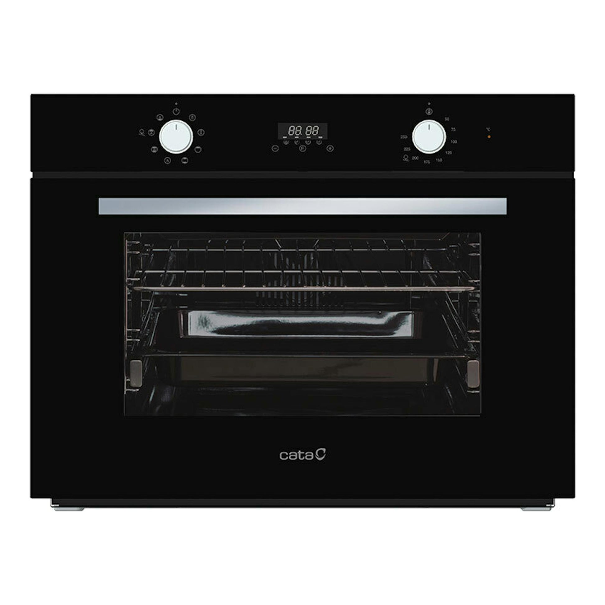 Horno Cata MD5008BK de cristal negro, vista frontal, con dos mandos blancos y panel digital.