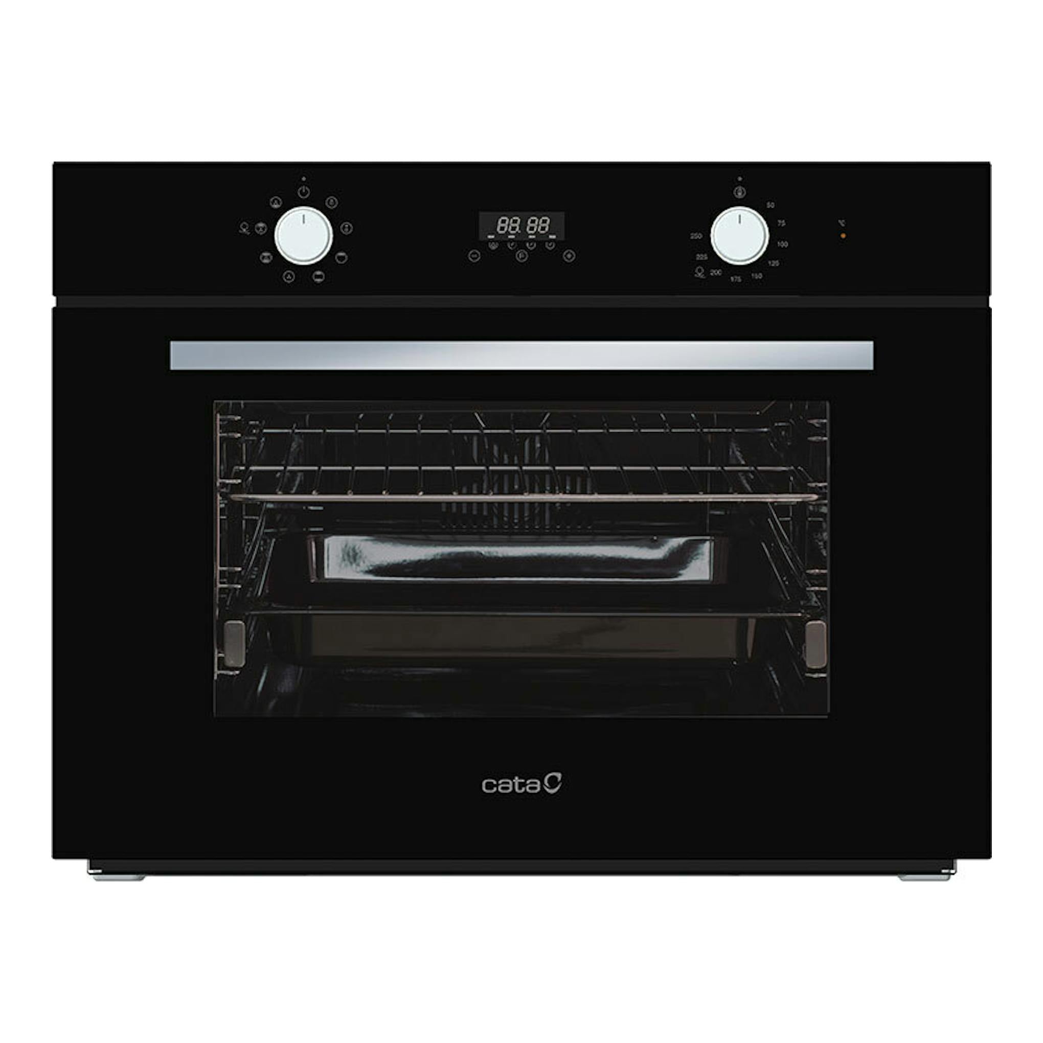 Horno Cata MD5008BK de cristal negro, vista frontal, con dos mandos blancos y panel digital.
