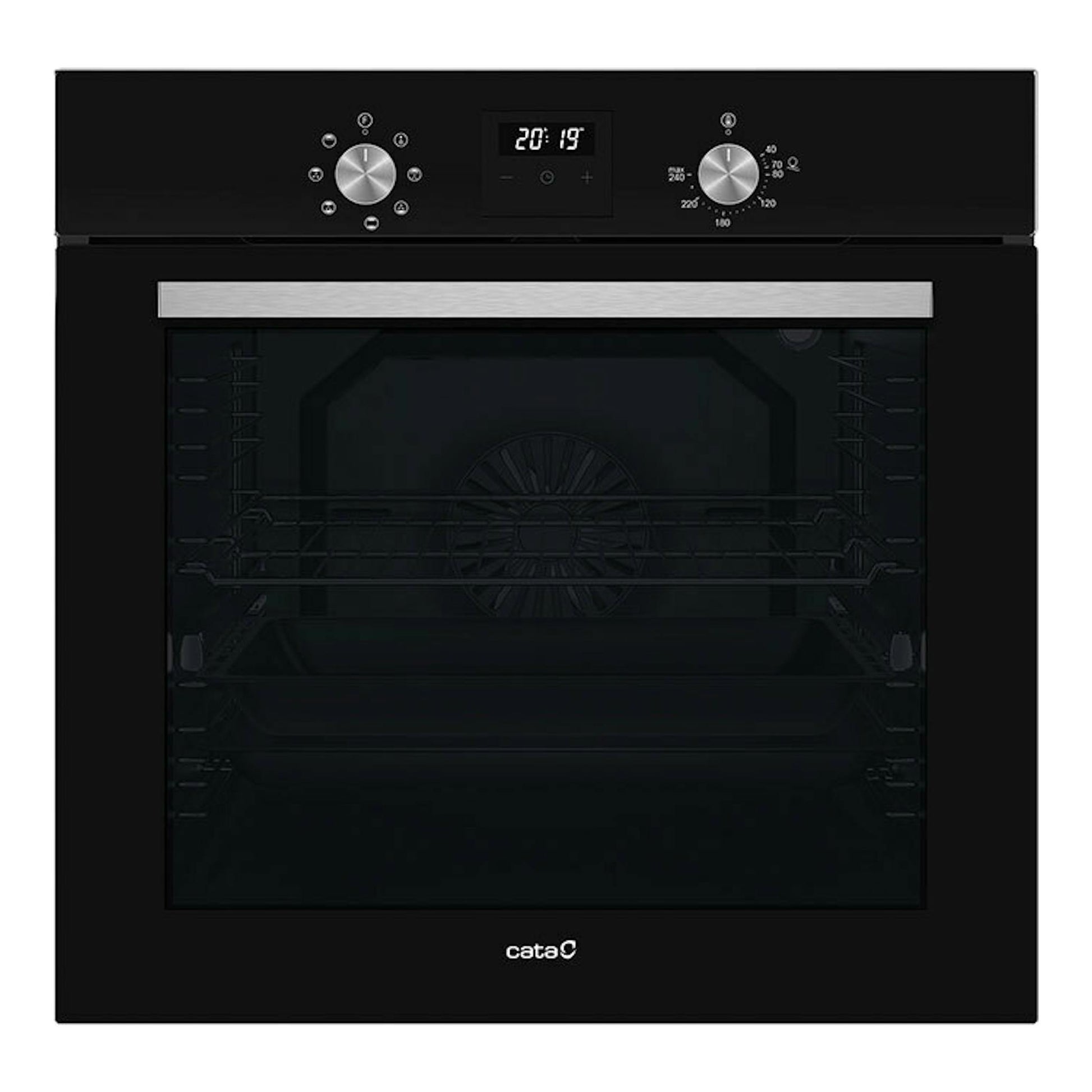 Horno Cata MDS8007BK de cristal negro, vista frontal, con panel digital y mandos giratorios.