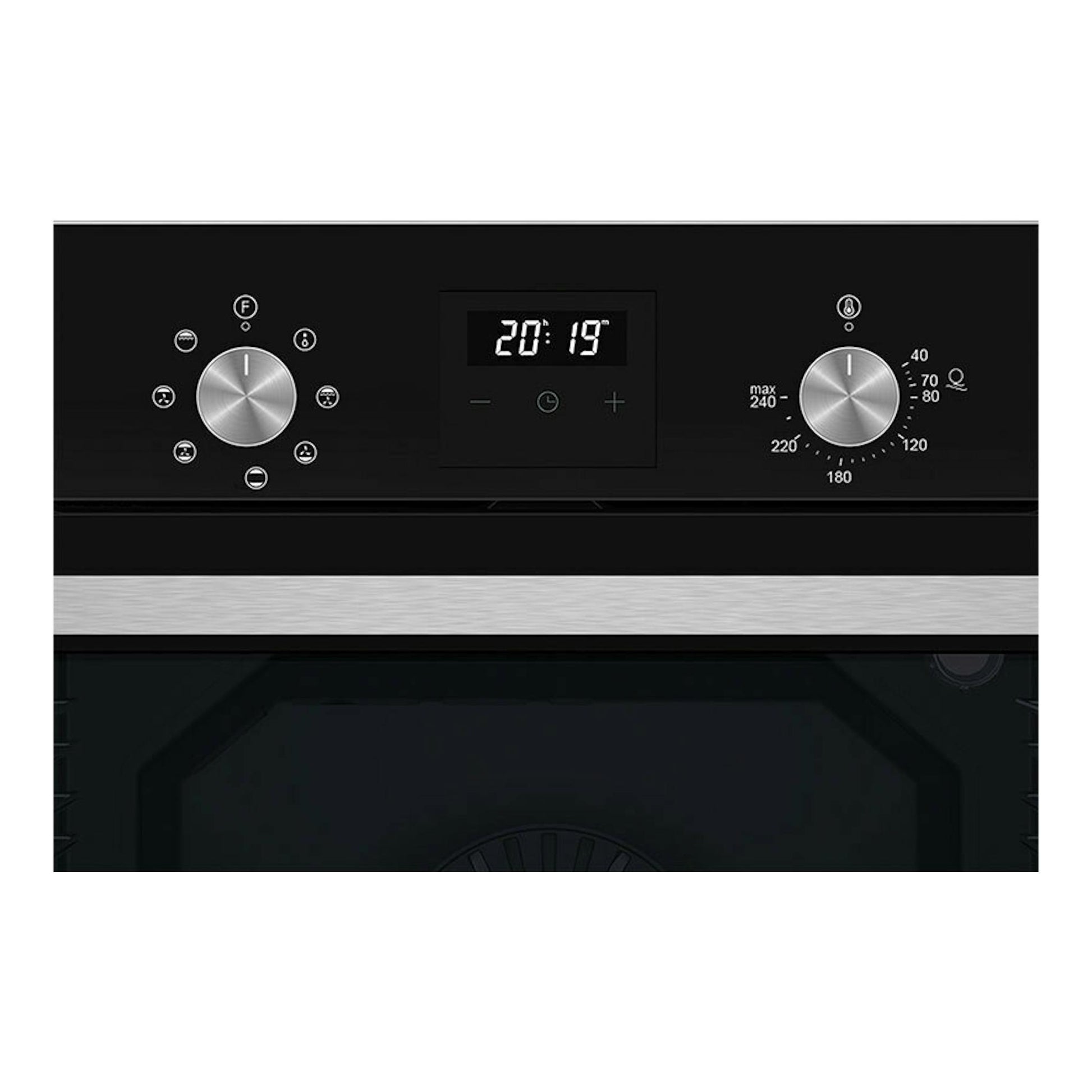 Horno Cata MDS8007BK de cristal negro, vista frontal con panel digital y dos mandos metálicos.