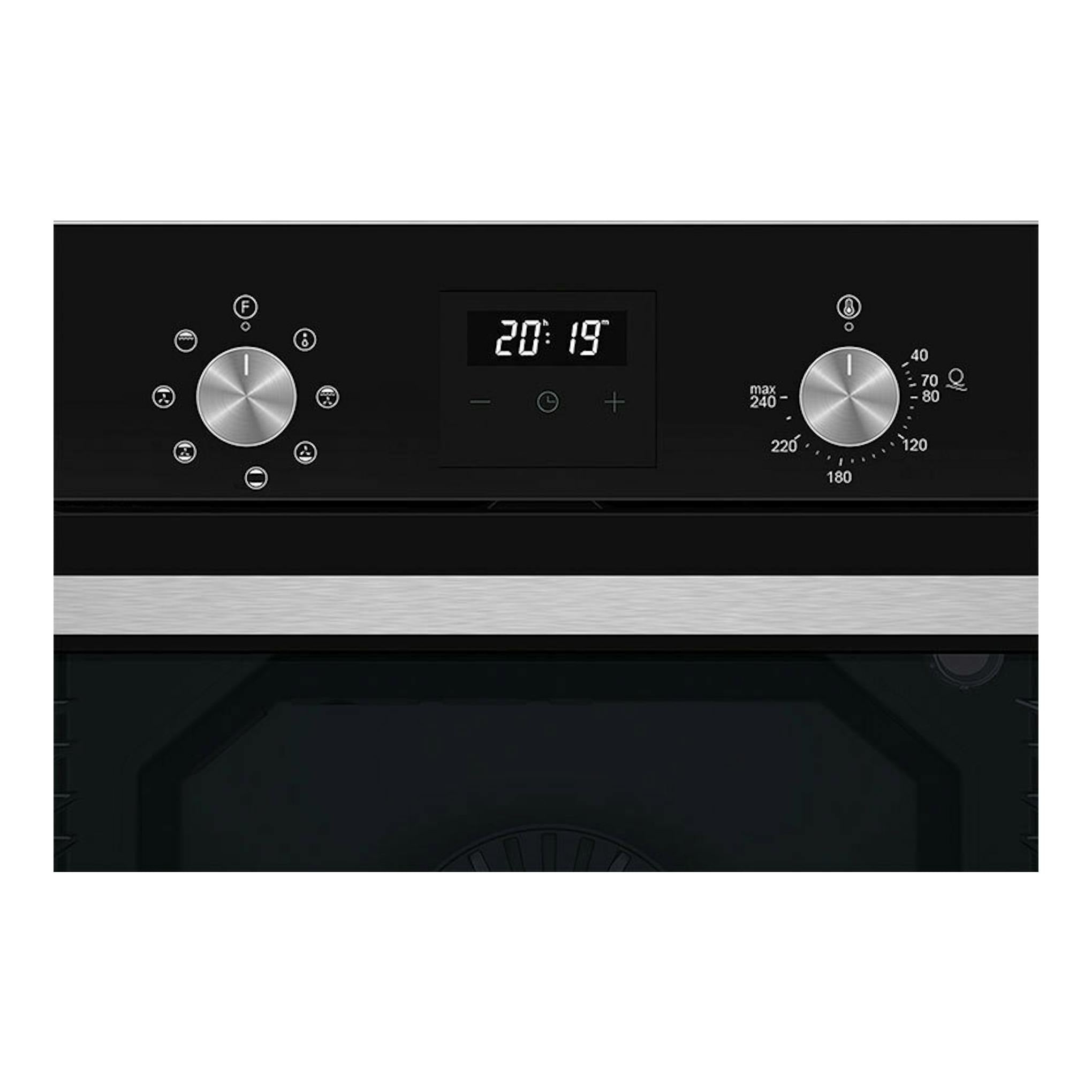 Horno Cata MDS8007BK de cristal negro, vista frontal con panel digital y dos mandos metálicos.