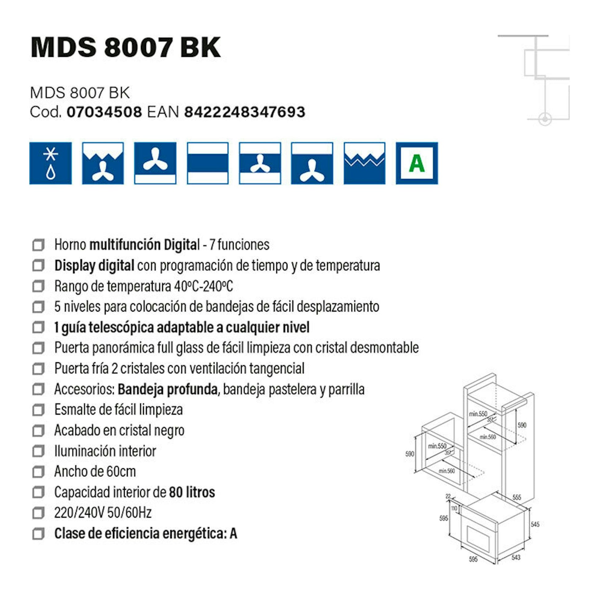 Ficha técnica del horno Cata MDS 8007 BK en cristal negro, con iconos, lista de funciones y esquema de medidas.