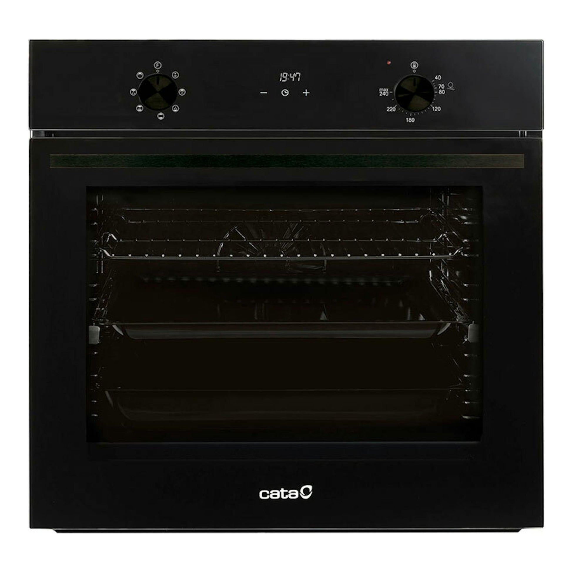 Horno Cata MDS8007FB de cristal negro, vista frontal, con dos mandos y display digital.