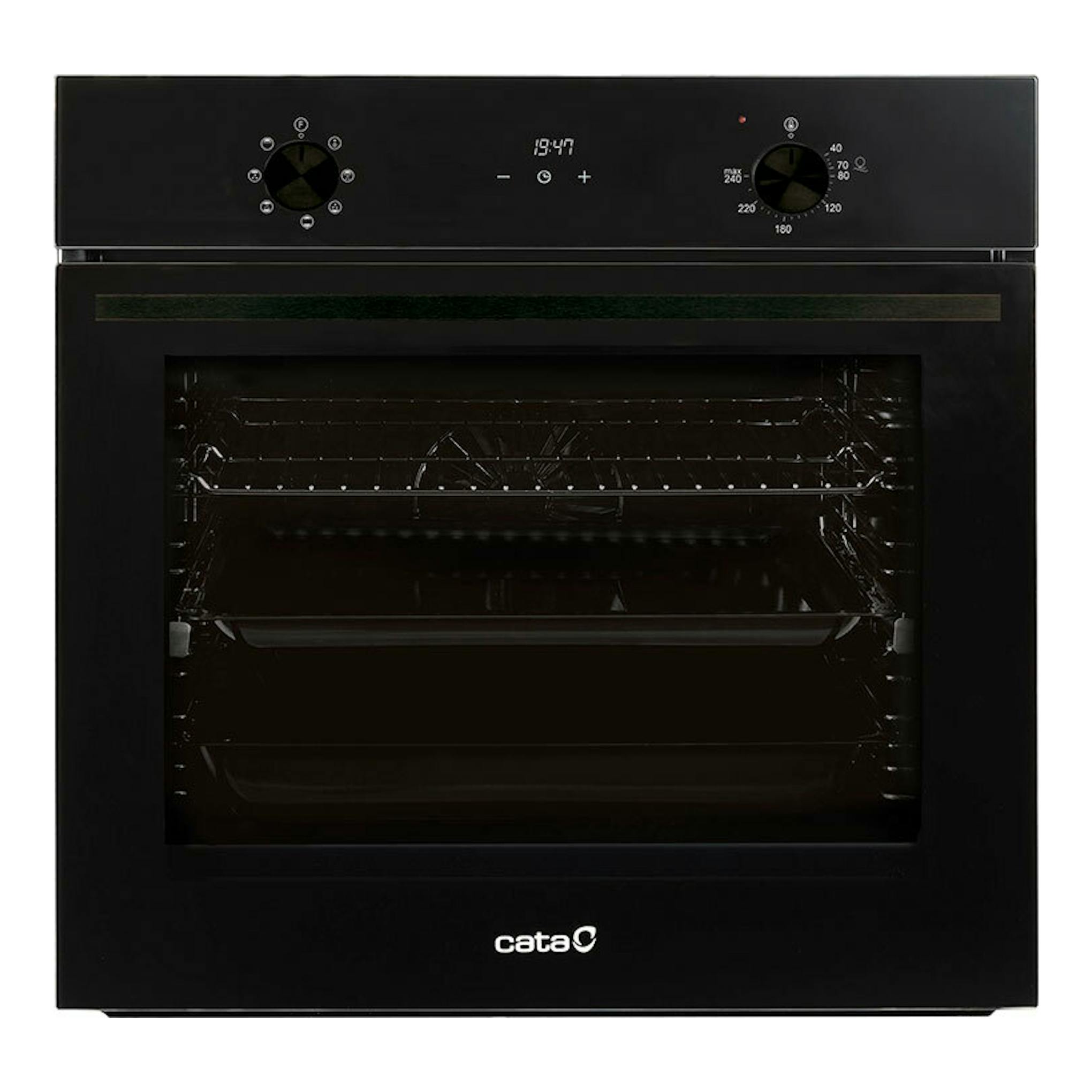 Horno Cata MDS8007FB de cristal negro, vista frontal, con dos mandos y display digital.