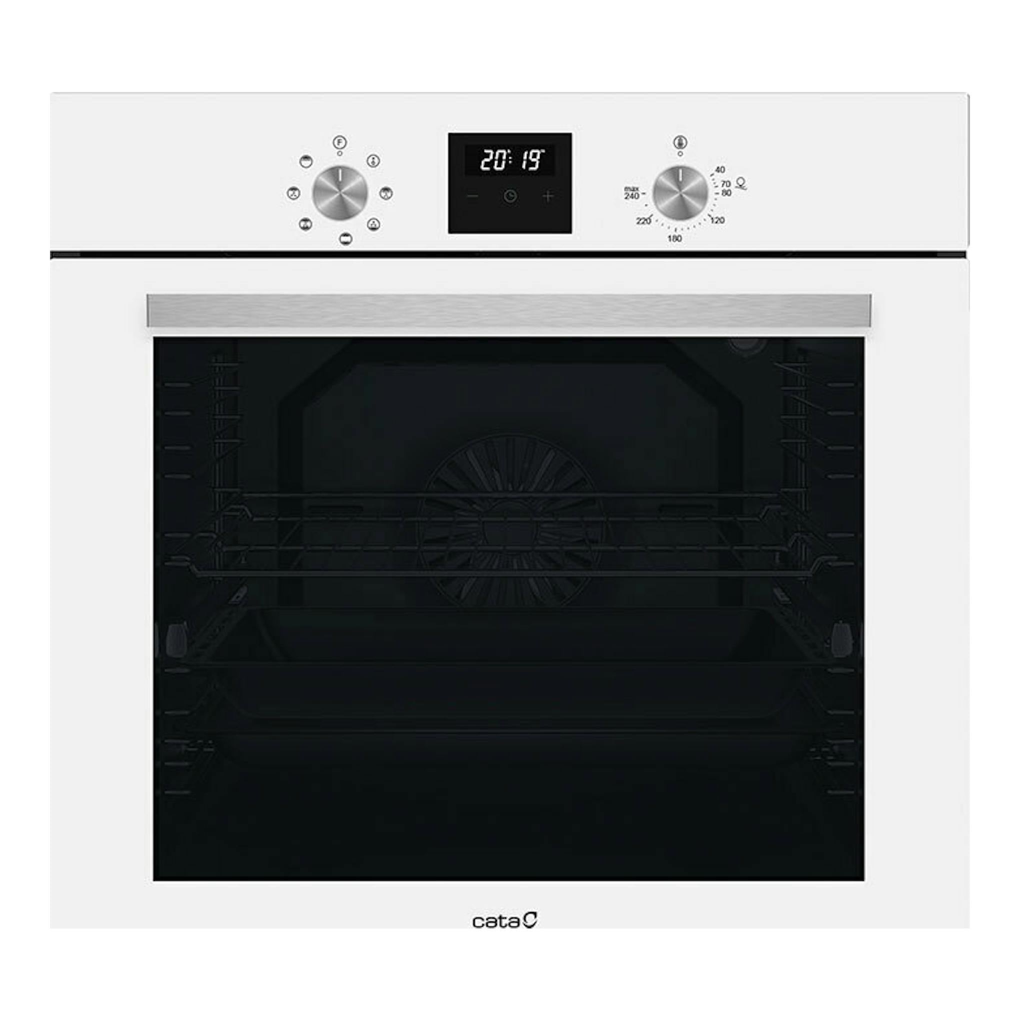 Horno empotrable Cata MDS8007WH blanco, vista frontal, puerta de cristal negro y panel digital central.