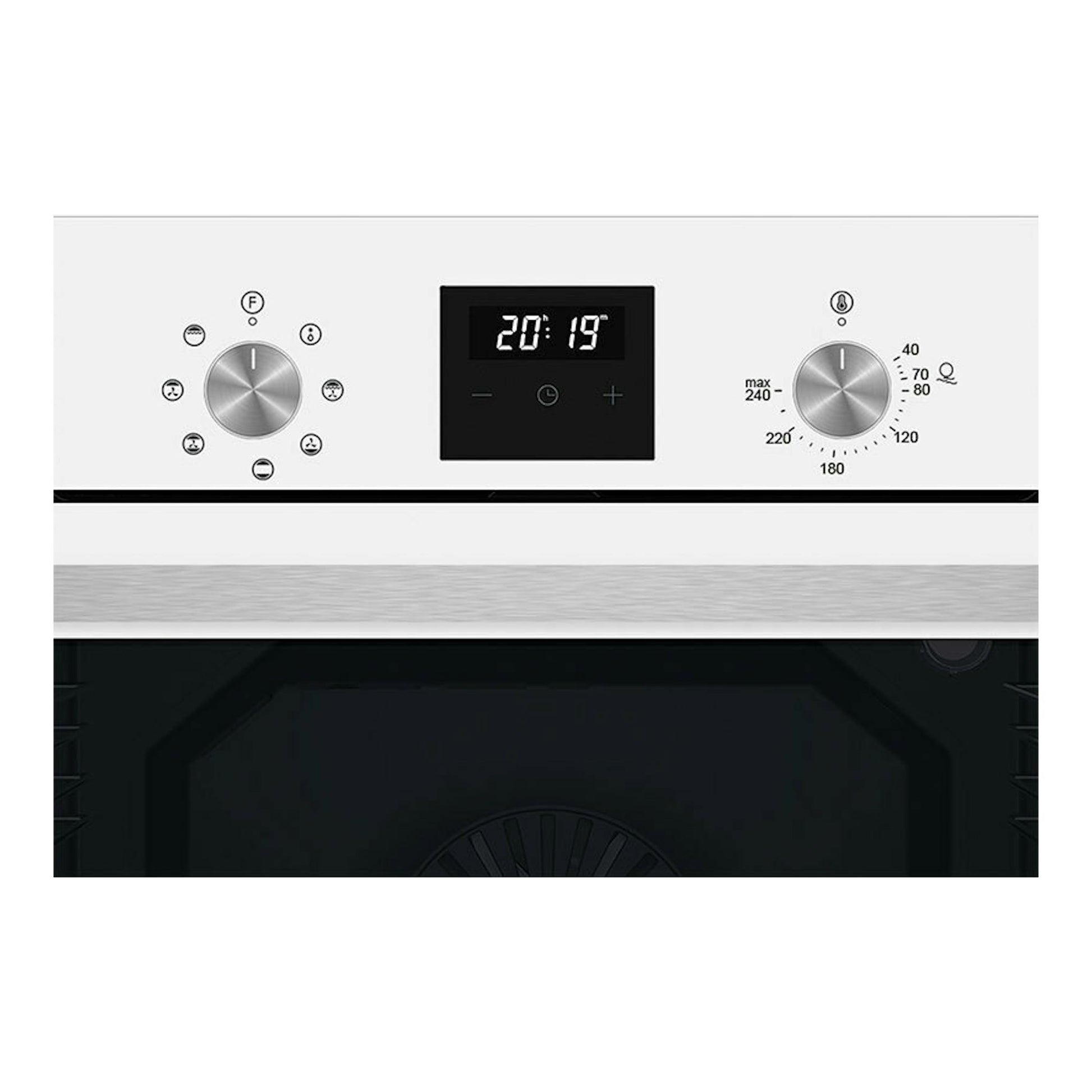 Frontal de horno Cata MDS8007WH en cristal blanco, con display central y dos mandos giratorios metálicos.