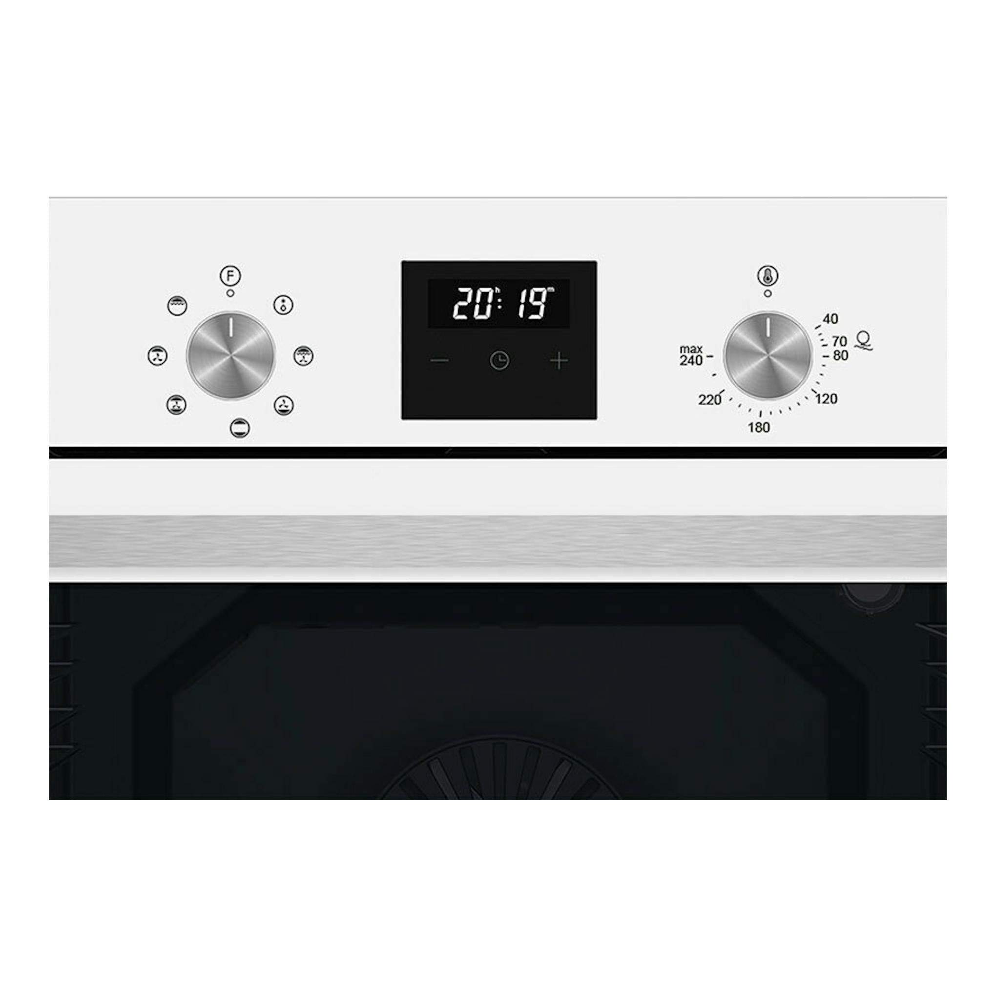 Frontal de horno Cata MDS8007WH en cristal blanco, con display central y dos mandos giratorios metálicos.
