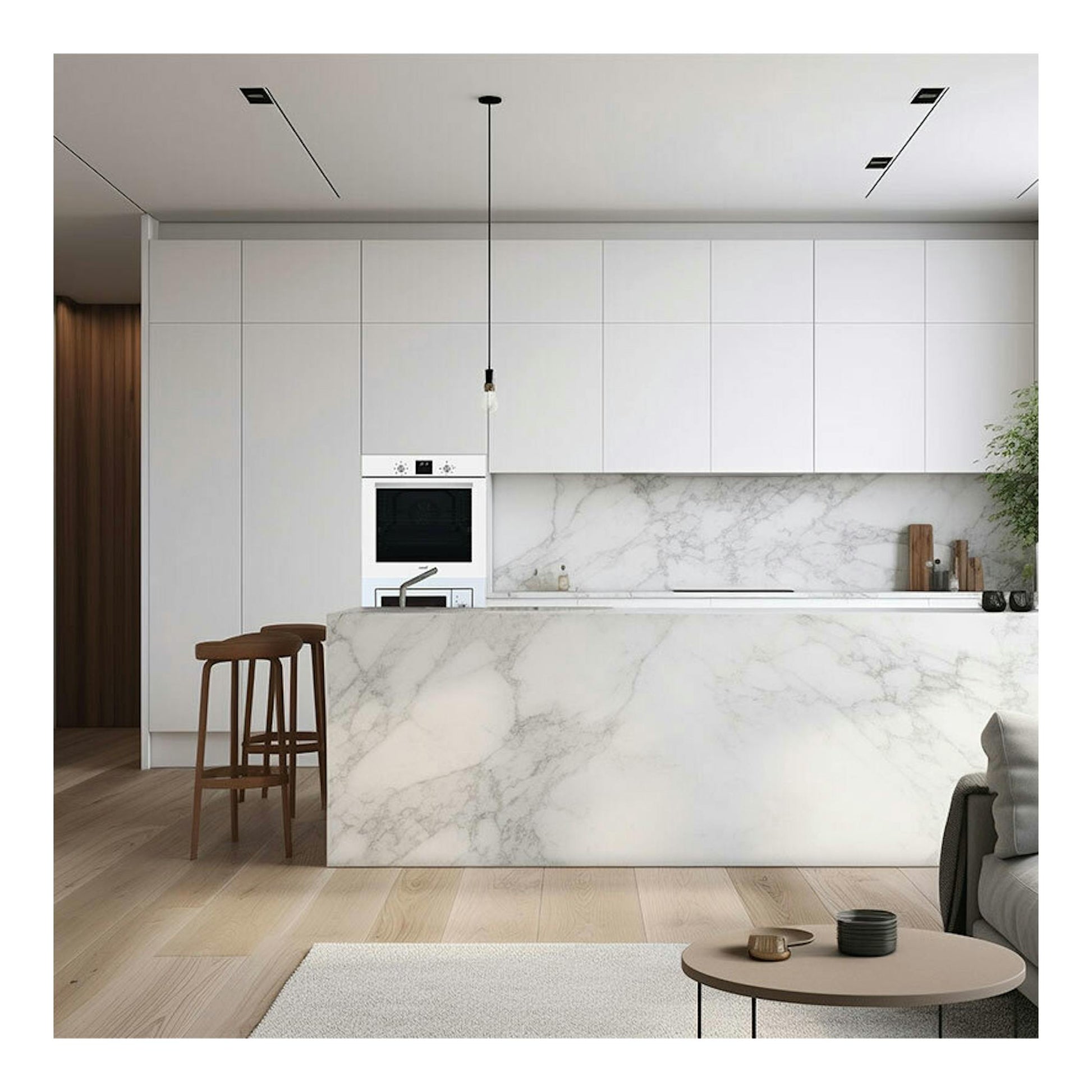 Horno Cata MDS8007WH blanco, visto de frente, integrado en columna de cocina moderna.