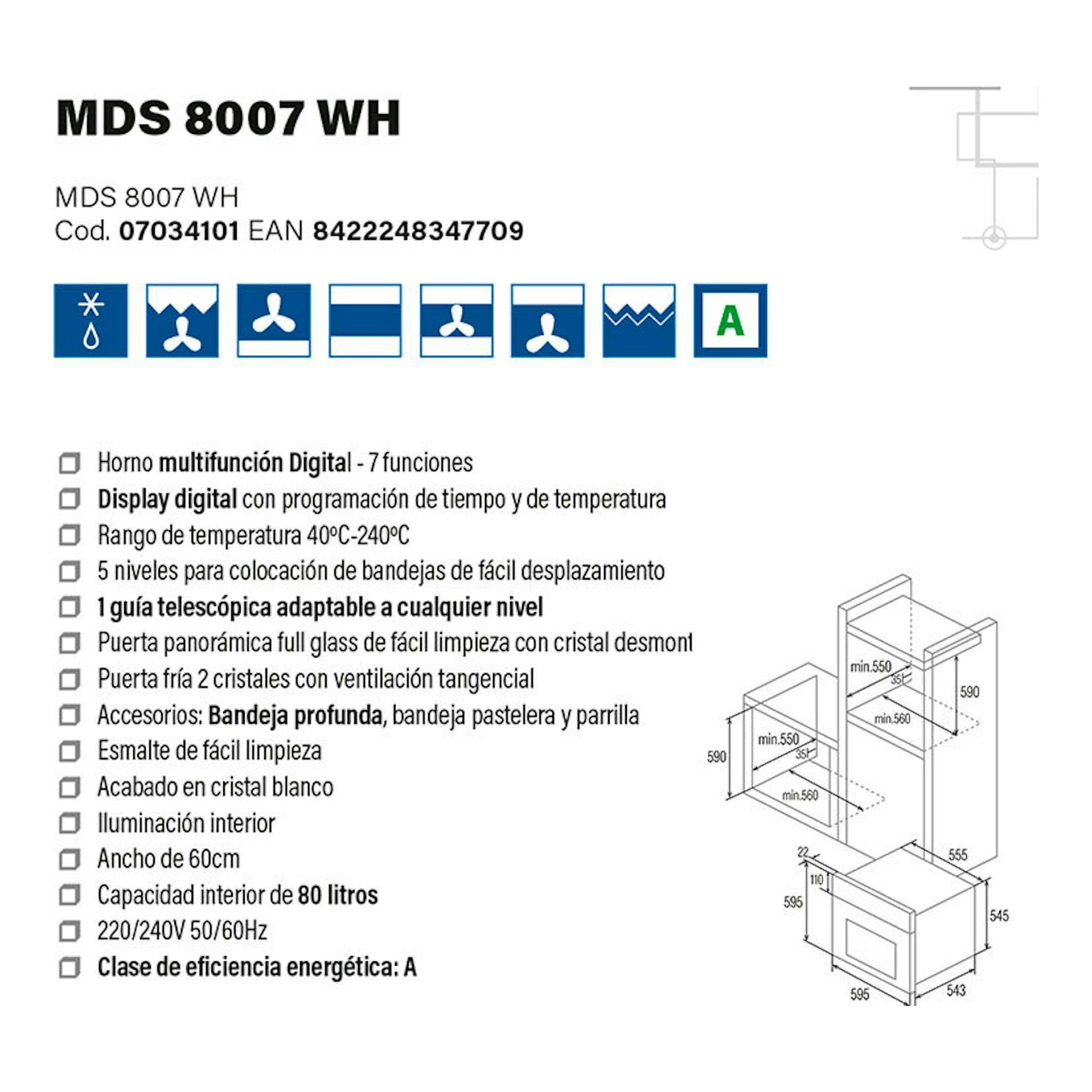 Ficha técnica del horno Cata MDS 8007 WH en cristal blanco, con iconos, lista de funciones y esquema de medidas.