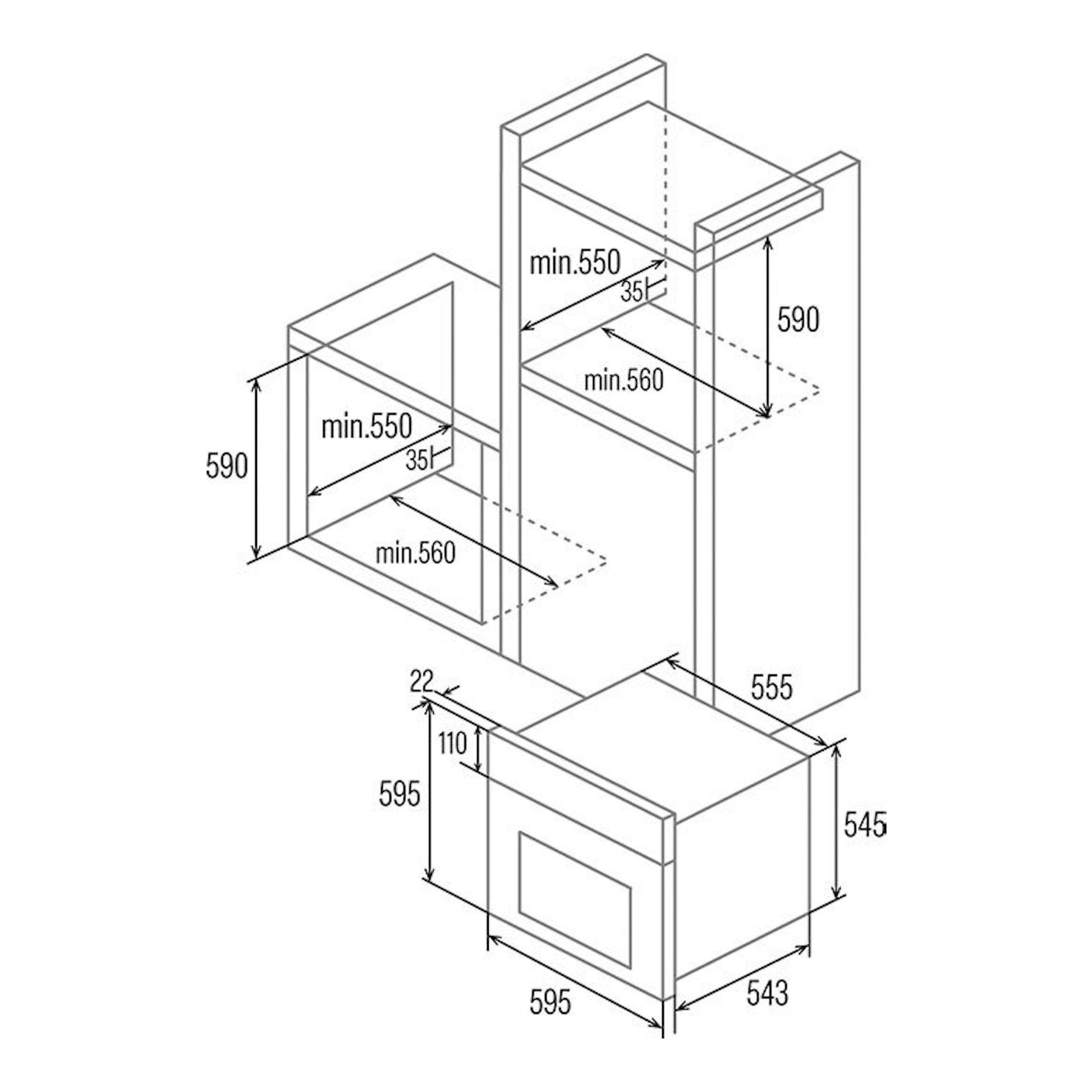 Diagrama técnico de instalación del horno Cata MDS8007X inox, vista en perspectiva con medidas.