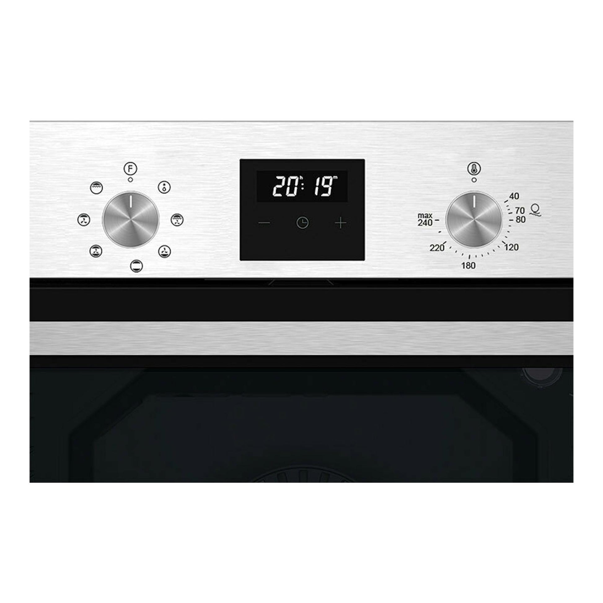 Horno Cata MDS8007X inox, vista frontal, con panel metálico, pantalla digital y dos mandos giratorios.