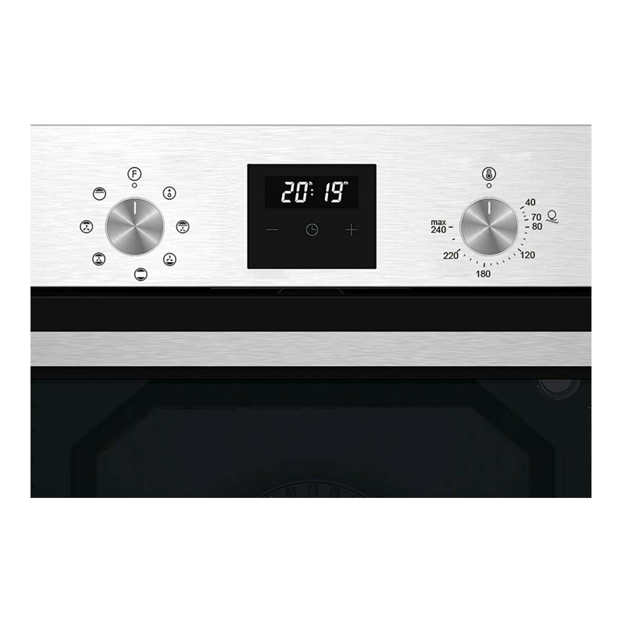 Horno Cata MDS8007X inox, vista frontal, con panel metálico, pantalla digital y dos mandos giratorios.