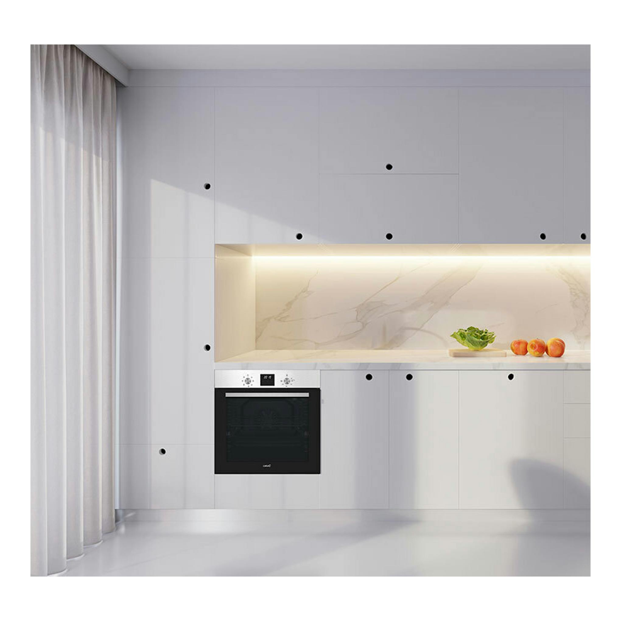 Horno empotrado Cata MDS8007X en negro e inox, vista frontal en cocina blanca moderna.